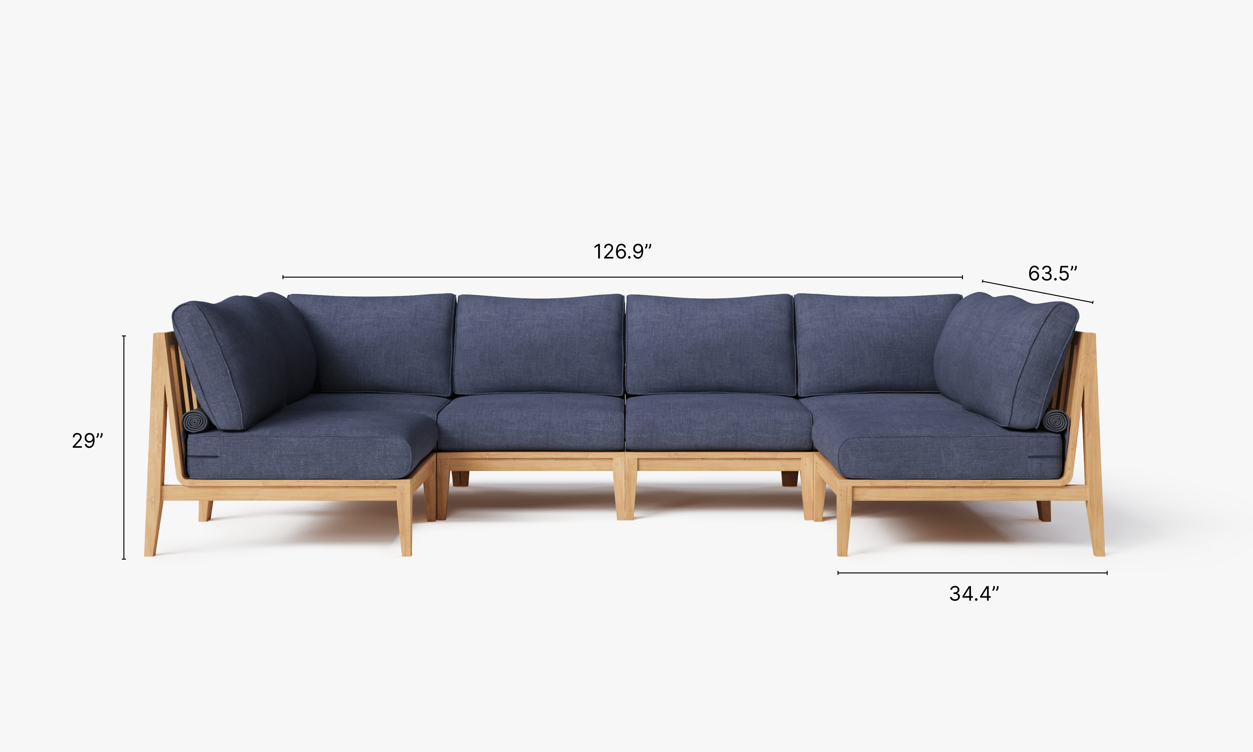 Teak outdoor sofa in a U-shaped sectional design with 6 seats, featuring deep sea navy cushions and white aluminum frame.-teak outdoor sofa-outer #color_deep sea navy
