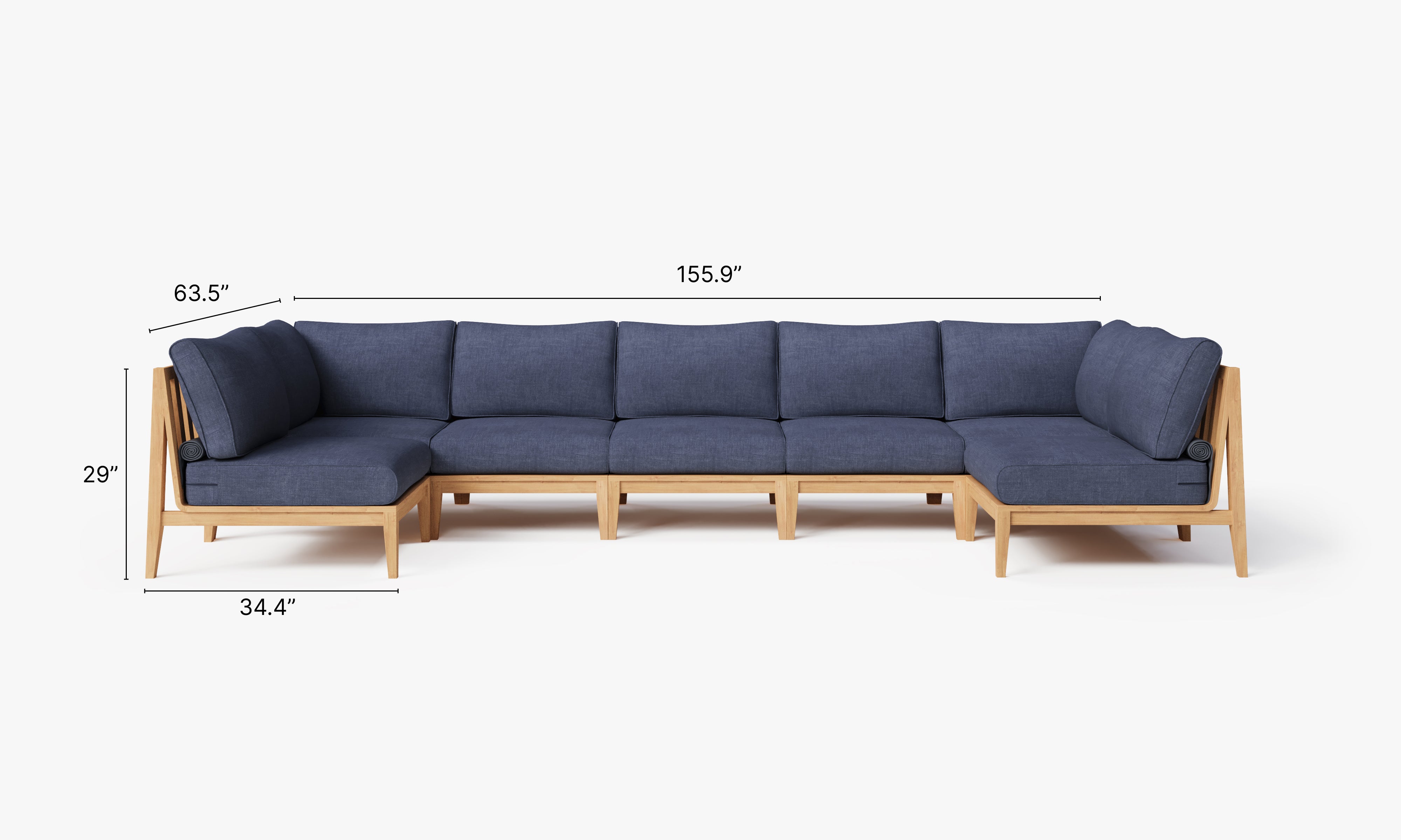 Teak outdoor sofa featuring a U-shaped sectional design with 7 seats, upholstered in deep sea navy cushions.-teak outdoor sofa-outer #color_deep sea navy