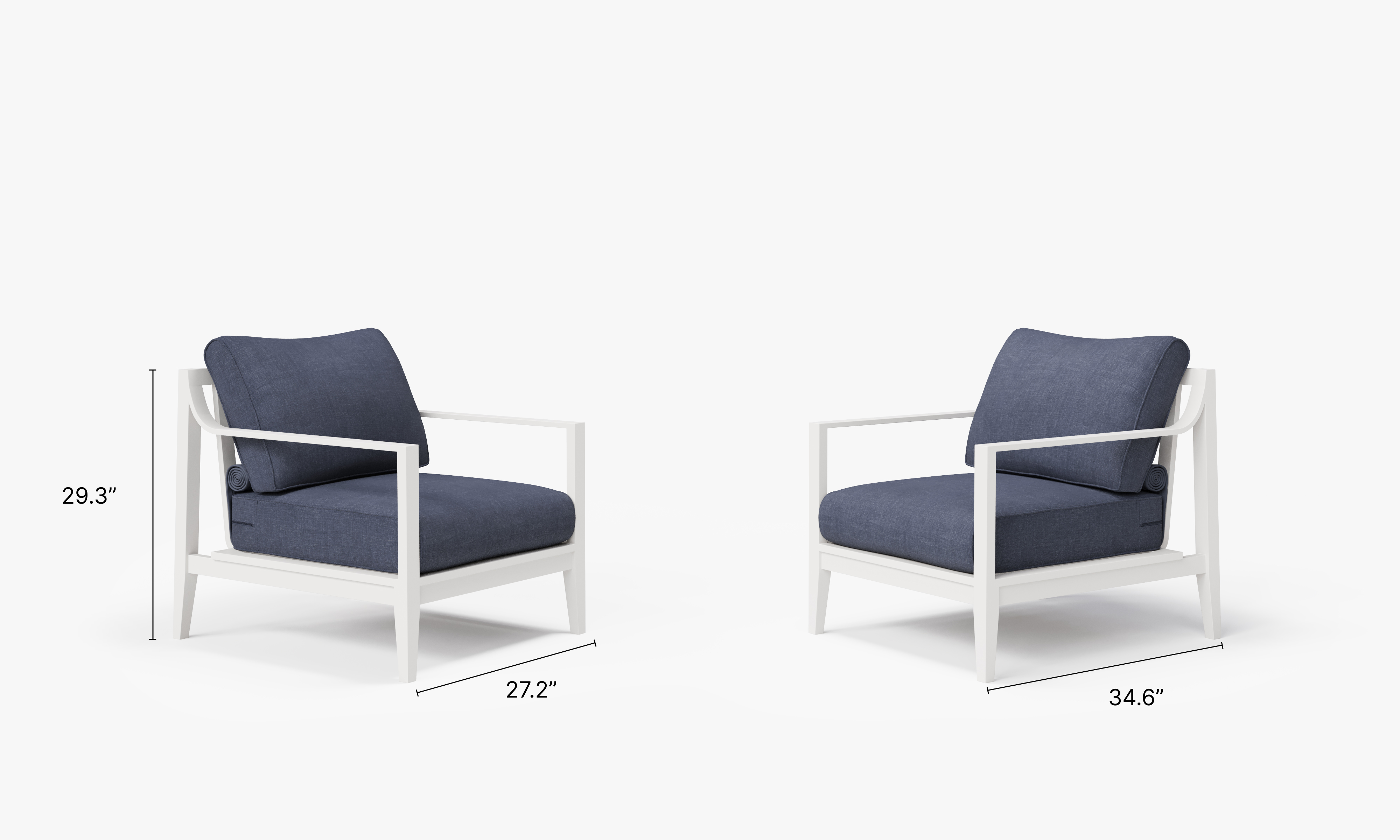 White Aluminum Outdoor Armchair Conversation Set dimensions in inches, also listed under Dimensions and Weights. #color_deep sea navy