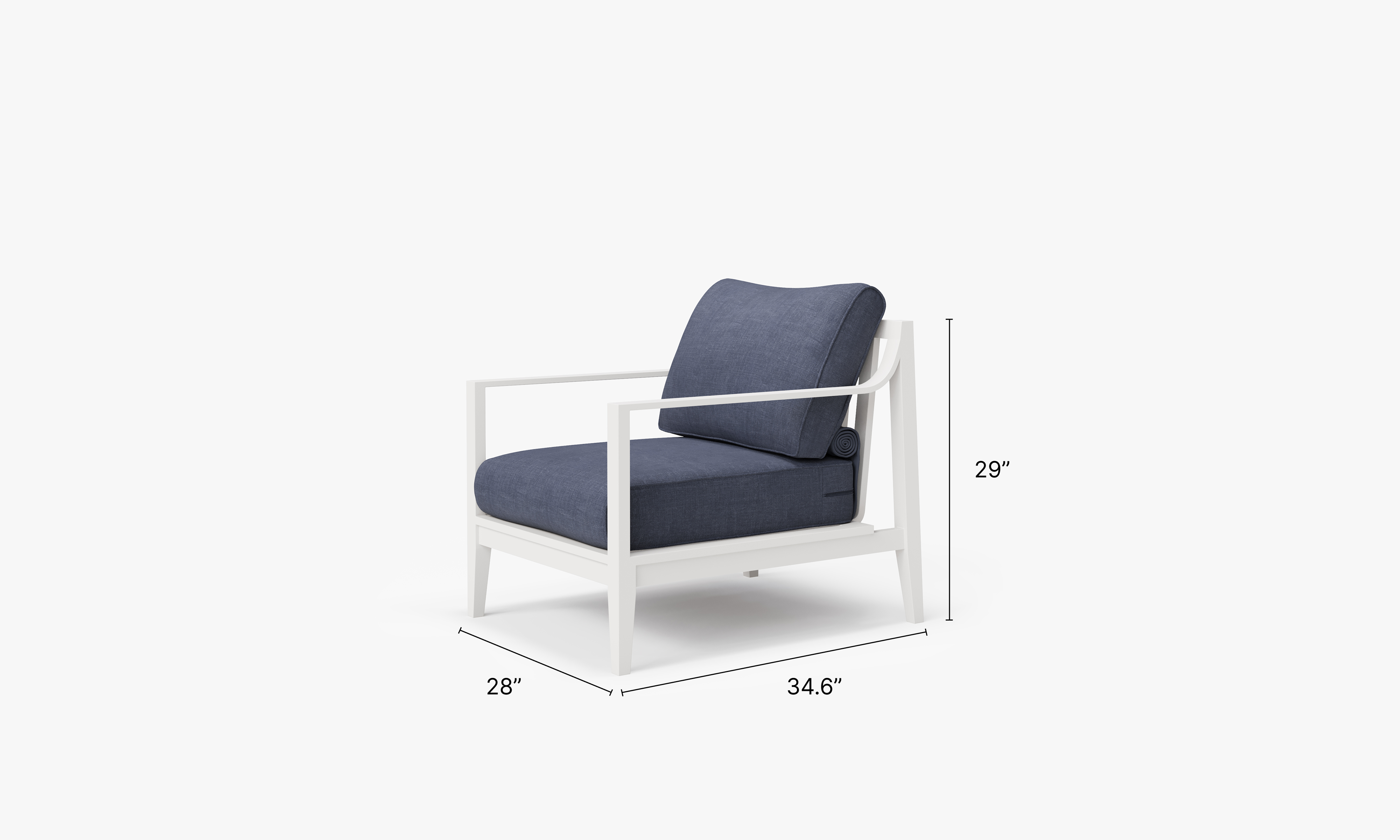 White Aluminum Outdoor Armchair dimensions in inches, also listed under Dimensions and Weights. #color_deep sea navy