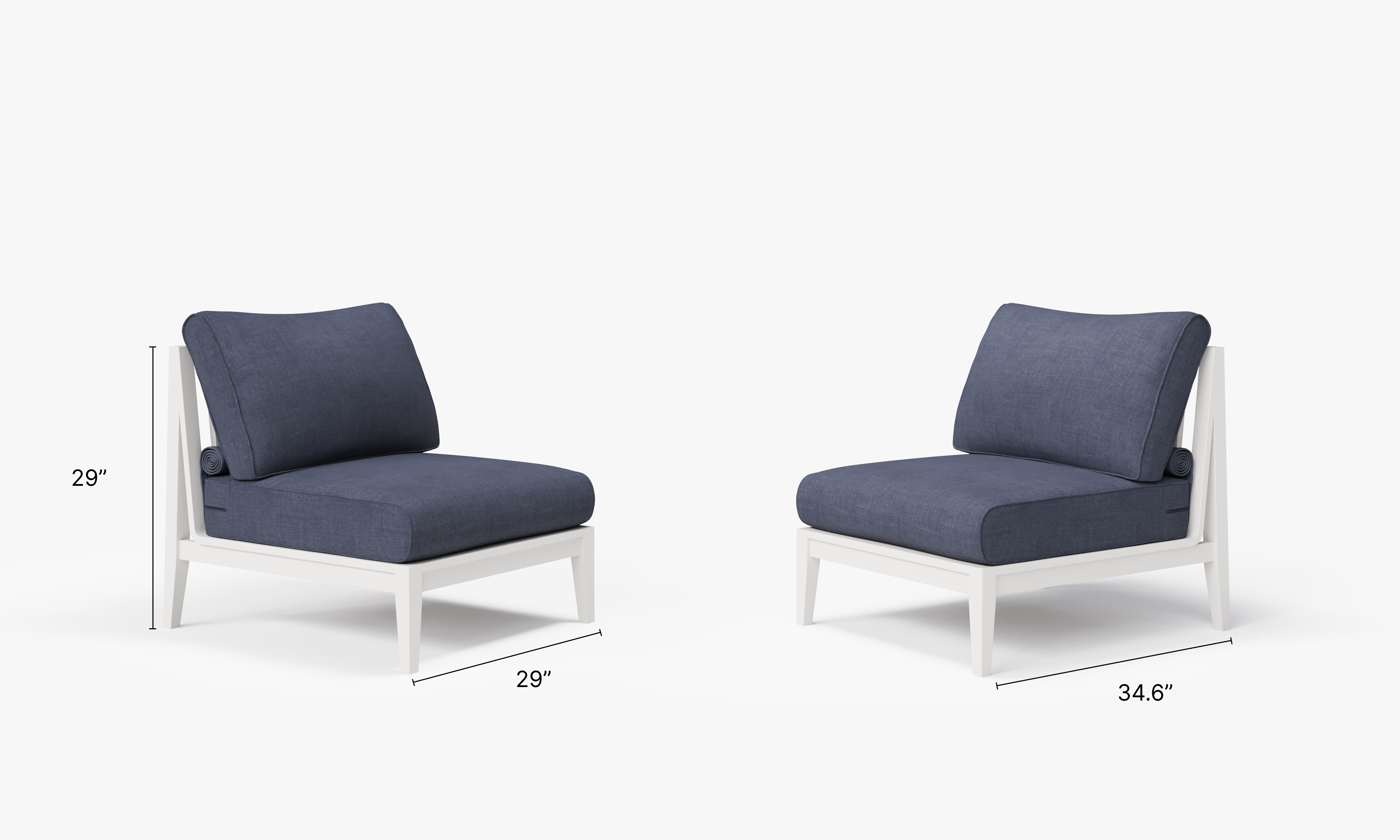 White Aluminum Outdoor Armless Chair Conversation Set dimensions in inches, also listed under Dimensions and Weights. #color_deep sea navy