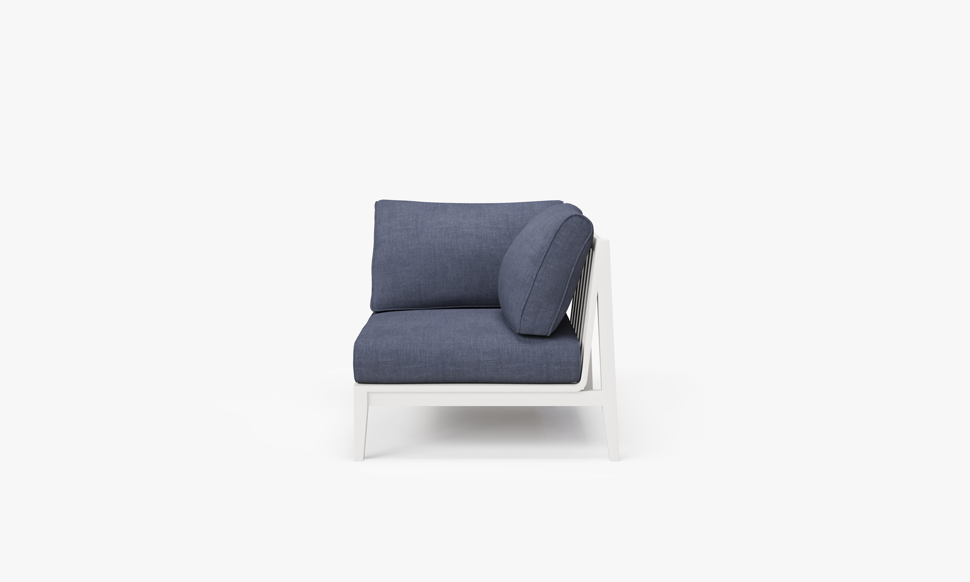 White Aluminum Outdoor Corner Chair - Left, front. Comfortable, durable, and weather resistant outdoor seating with memory foam. #color_deep sea navy