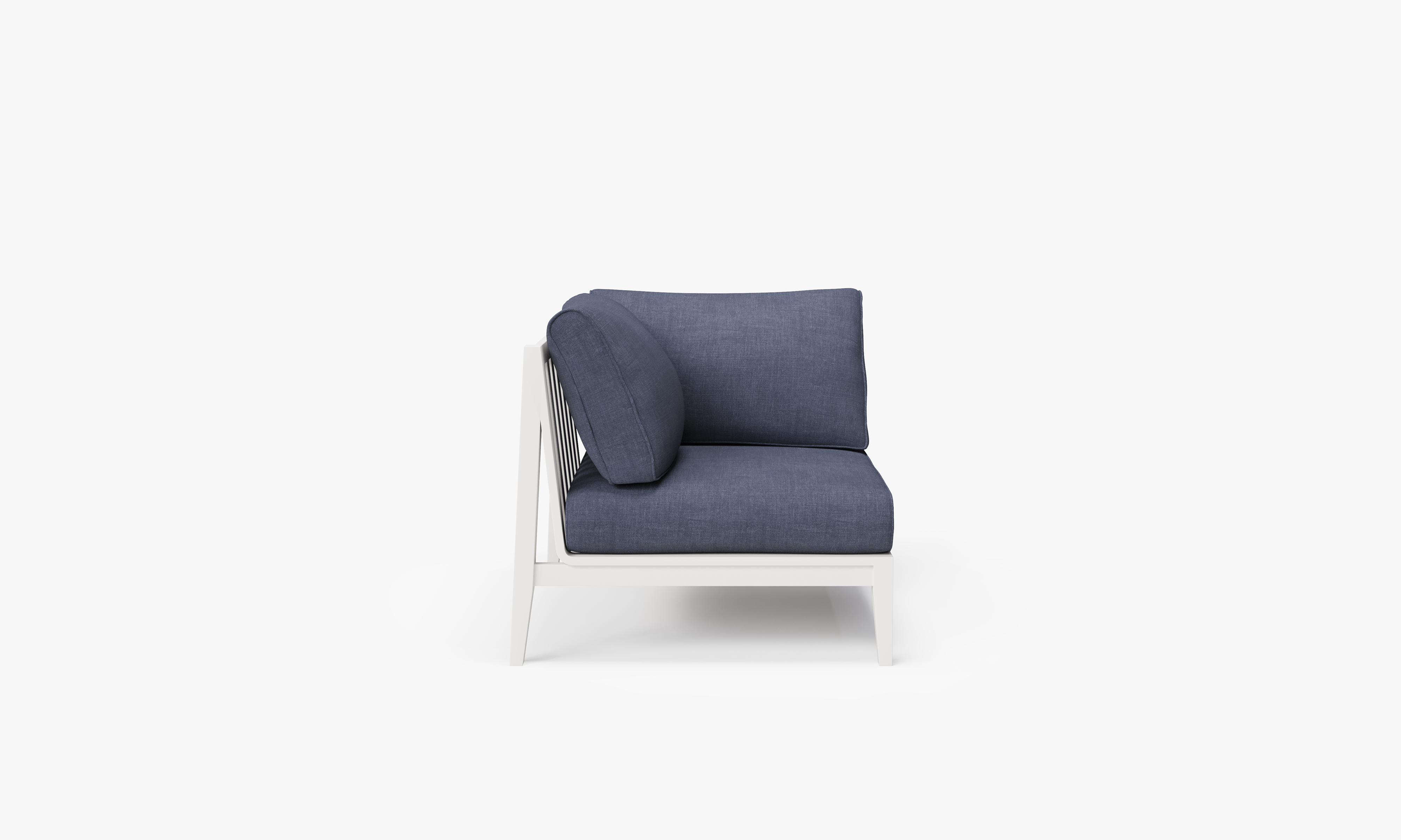 White Aluminum Outdoor Corner Chair - Right, front. Comfortable, durable, and weather resistant outdoor seating with memory foam. #color_deep sea navy