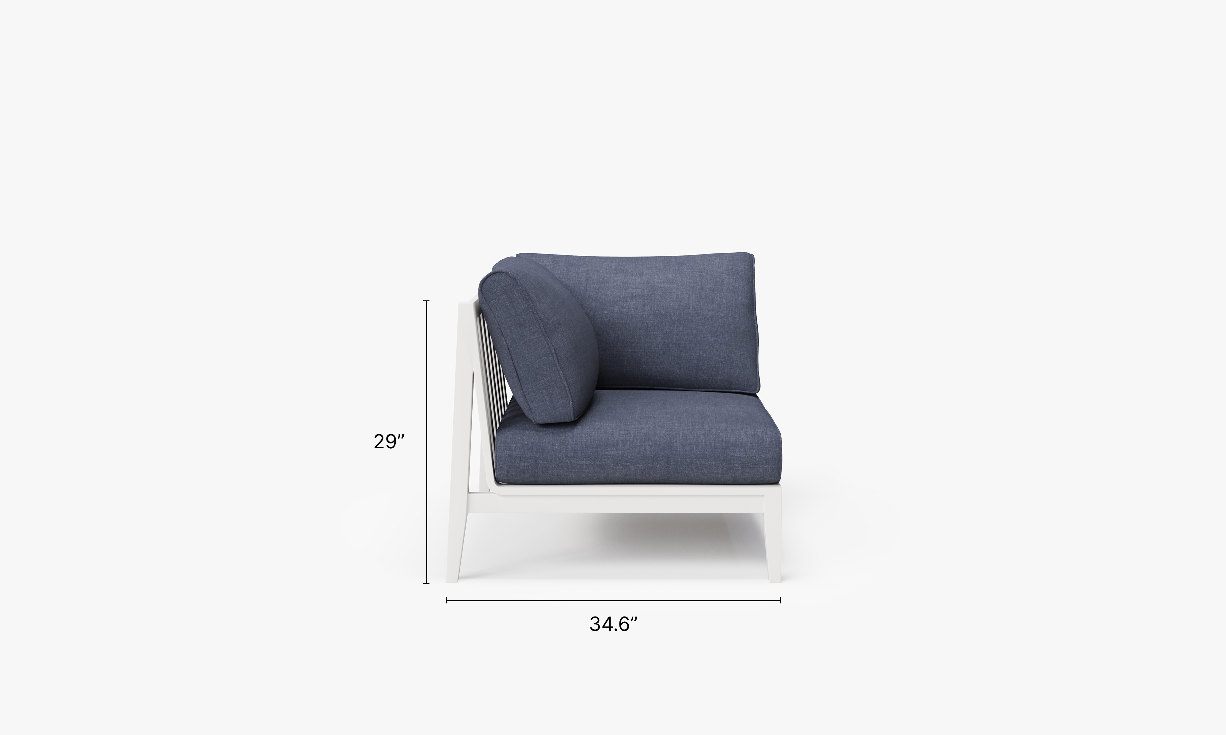 White Aluminum Outdoor Corner Chair - Right dimensions in inches, also listed under Dimensions and Weights. #color_deep sea navy