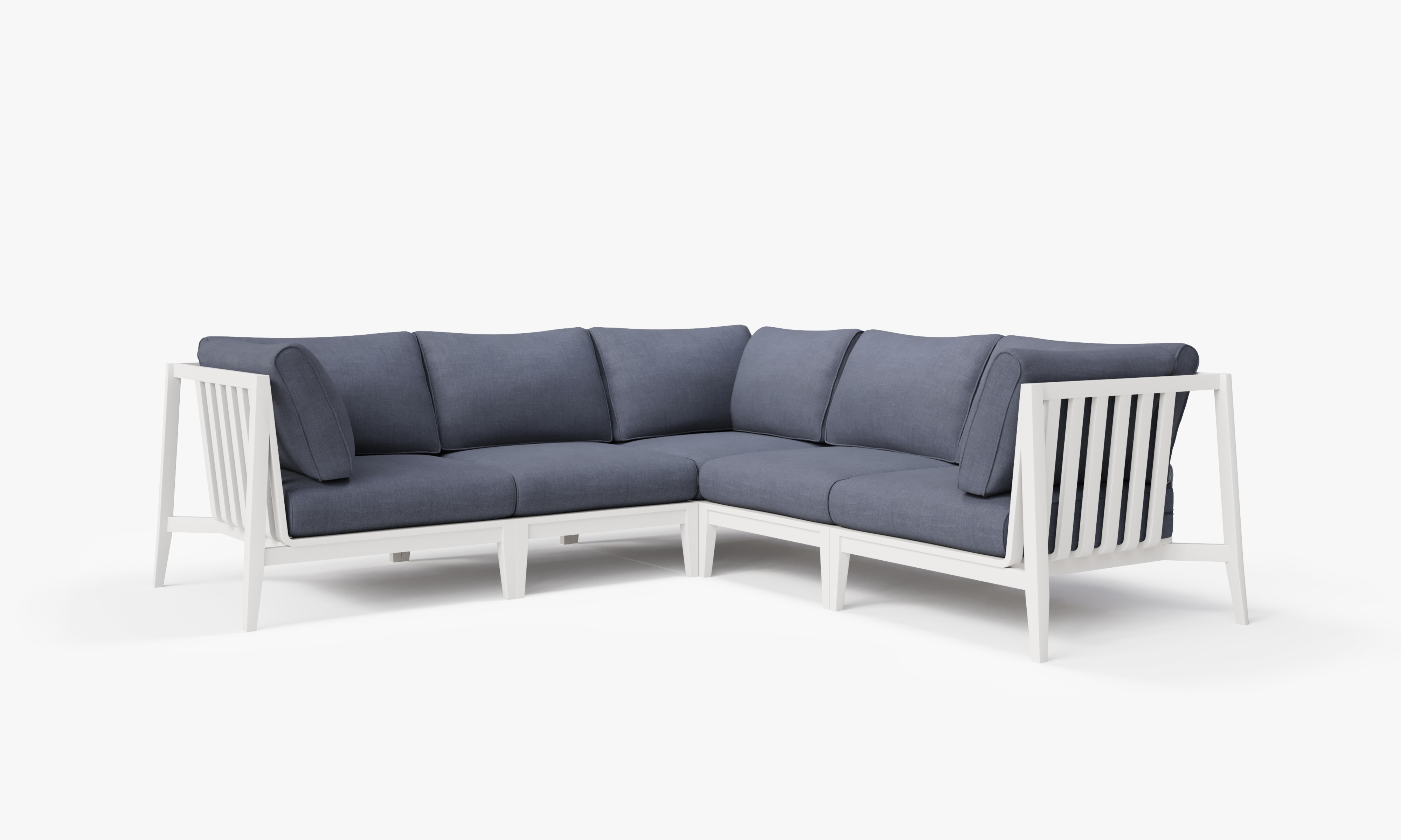 White Aluminum Outdoor Corner Sectional - 5 Seat, front. Comfortable, durable, and weather resistant outdoor seating with memory foam. #color_deep sea navy