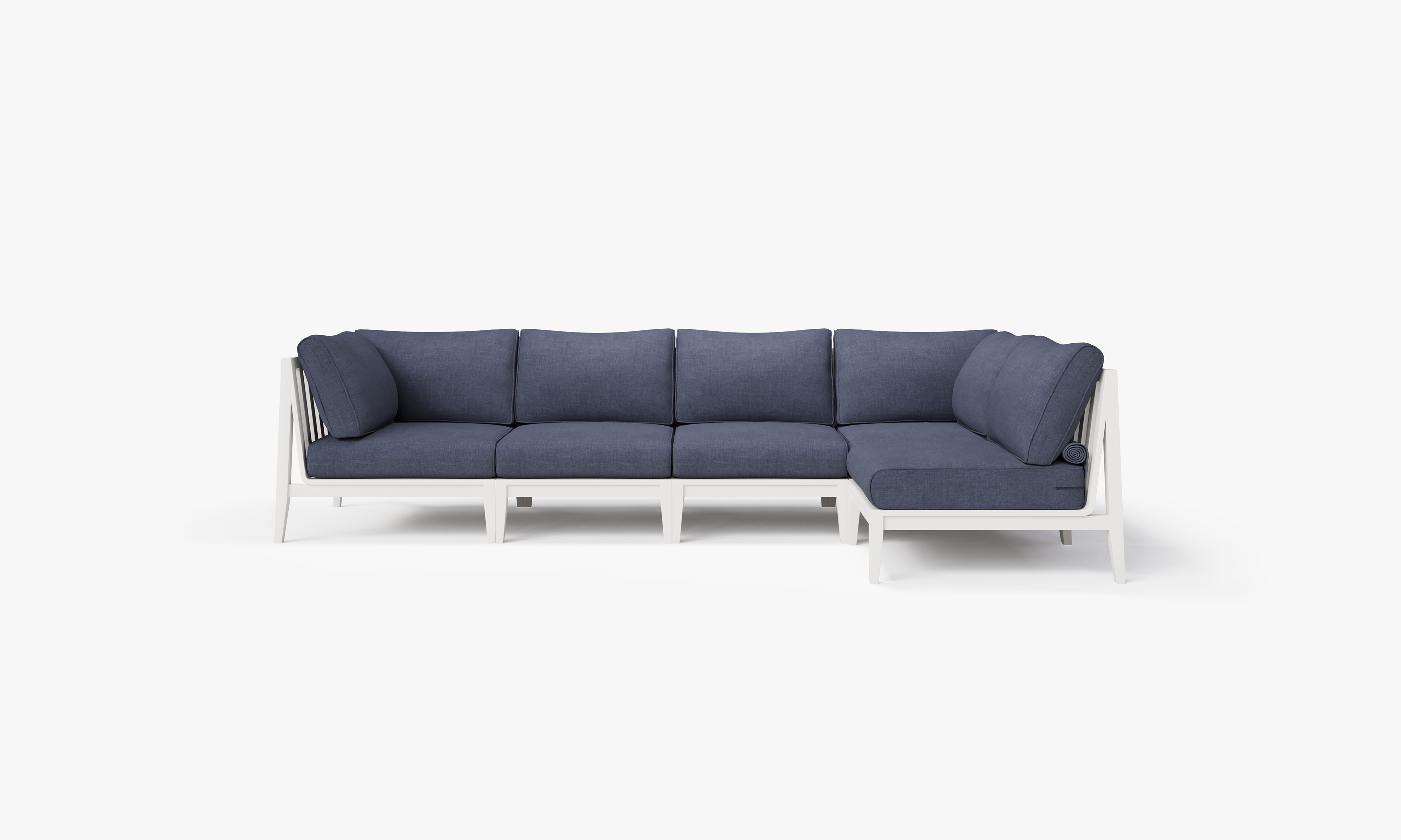 White Aluminum Outdoor L Sectional - 5 Seat, front. Comfortable, durable, and weather resistant outdoor seating with memory foam. #color_deep sea navy
