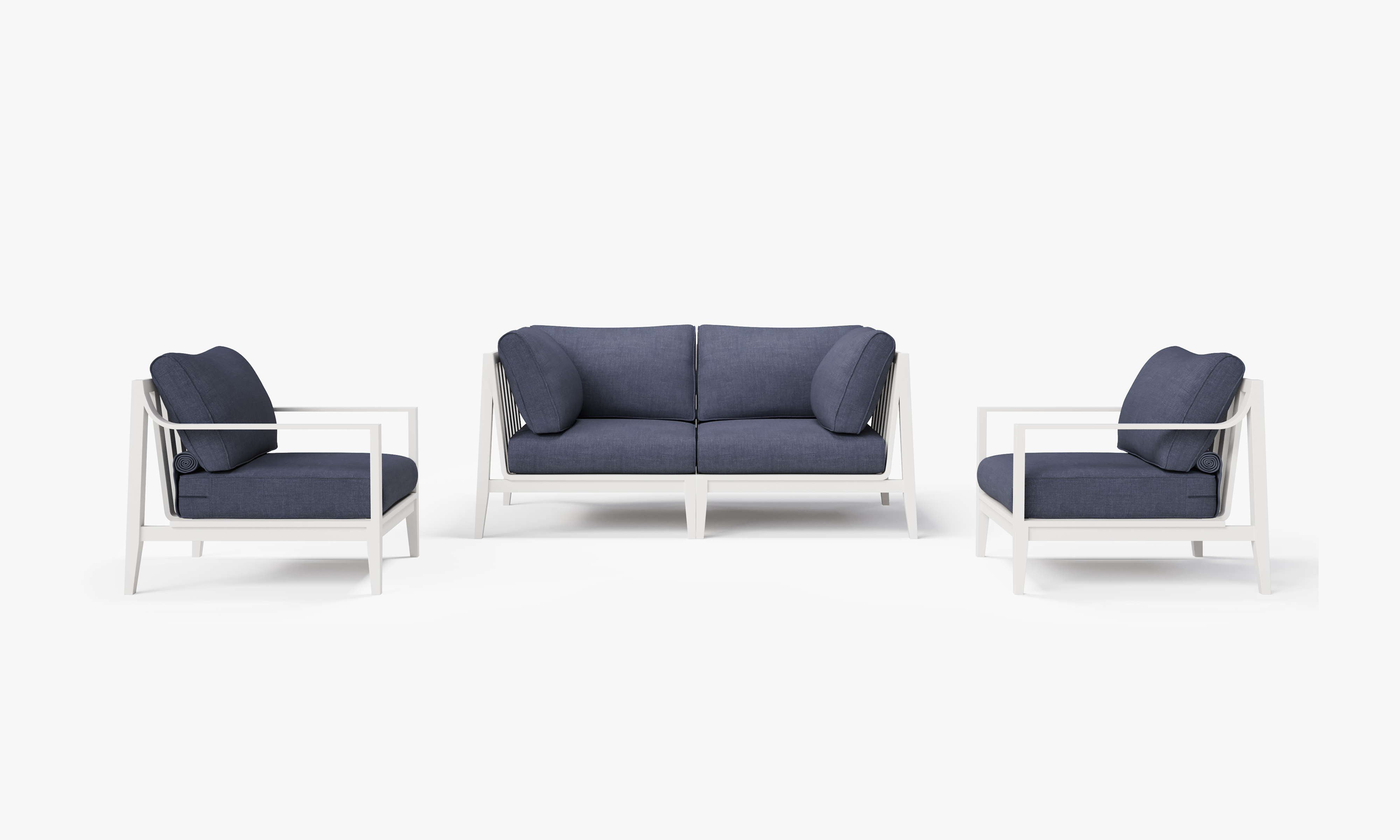White Aluminum Outdoor Loveseat with Armchairs - 4 Seat, front. Comfortable, durable, and weather resistant outdoor seating with memory foam. #color_deep sea navy