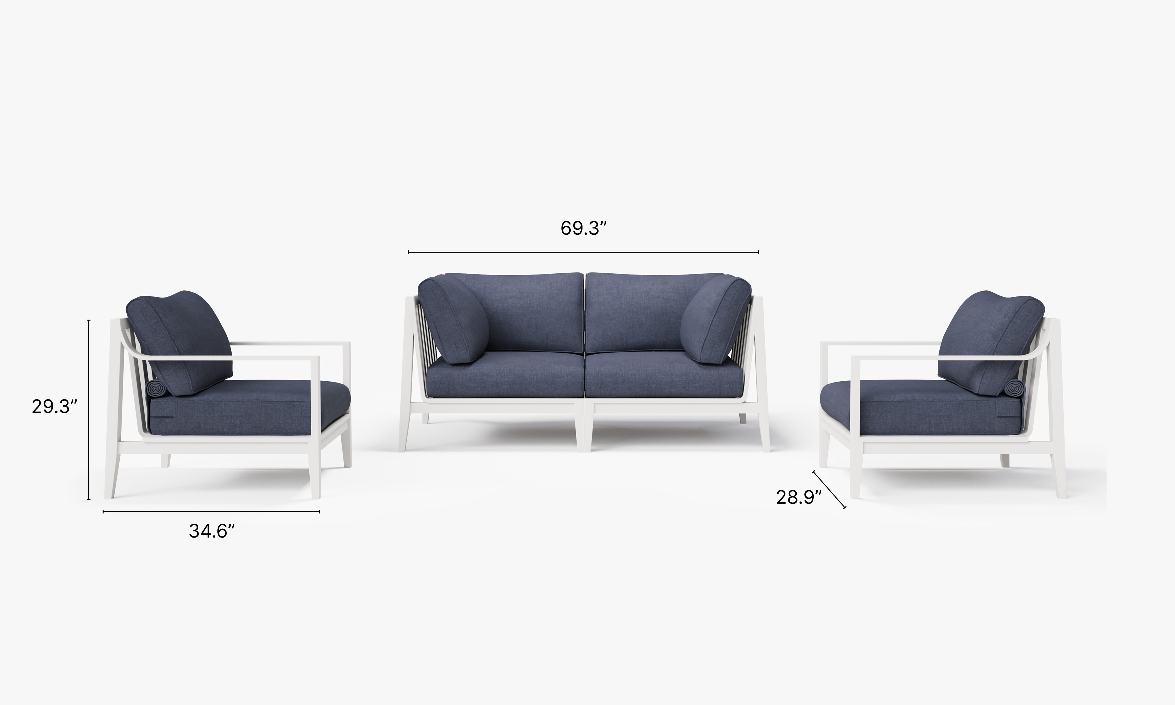 White Aluminum Outdoor Loveseat with Armchairs - 4 Seat dimensions in inches, also listed under Dimensions and Weights. #color_deep sea navy
