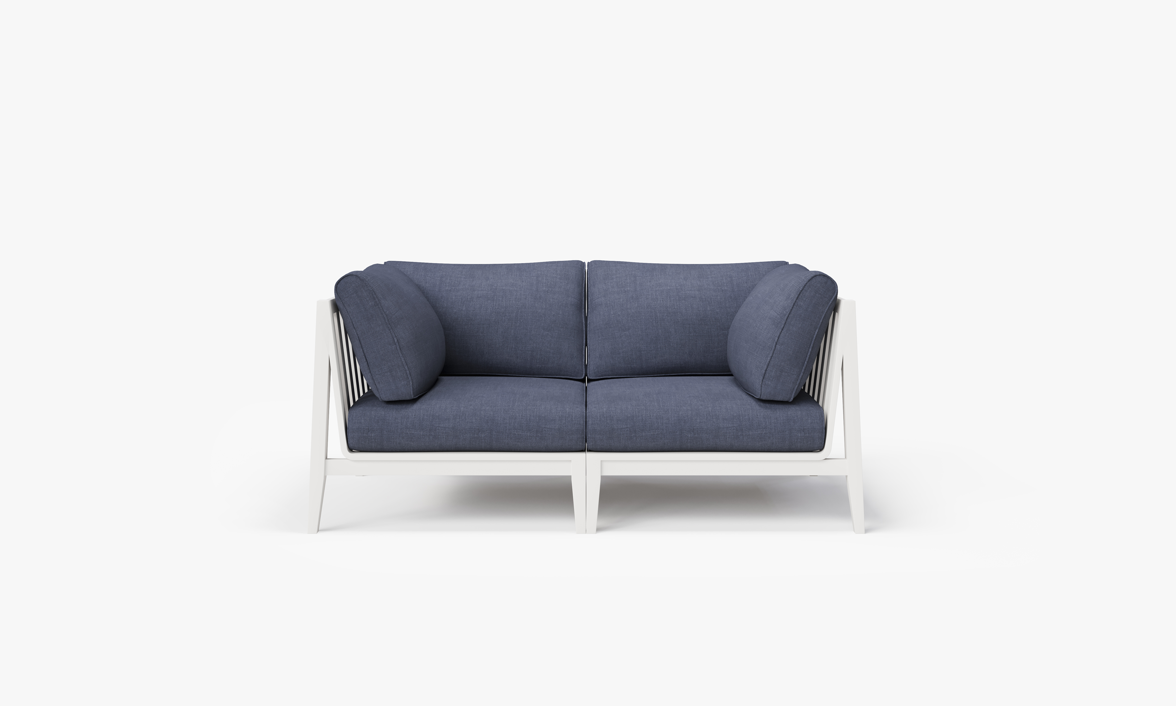 White Aluminum Outdoor Loveseat, front. Comfortable, durable, and weather resistant outdoor seating with memory foam. #color_deep sea navy