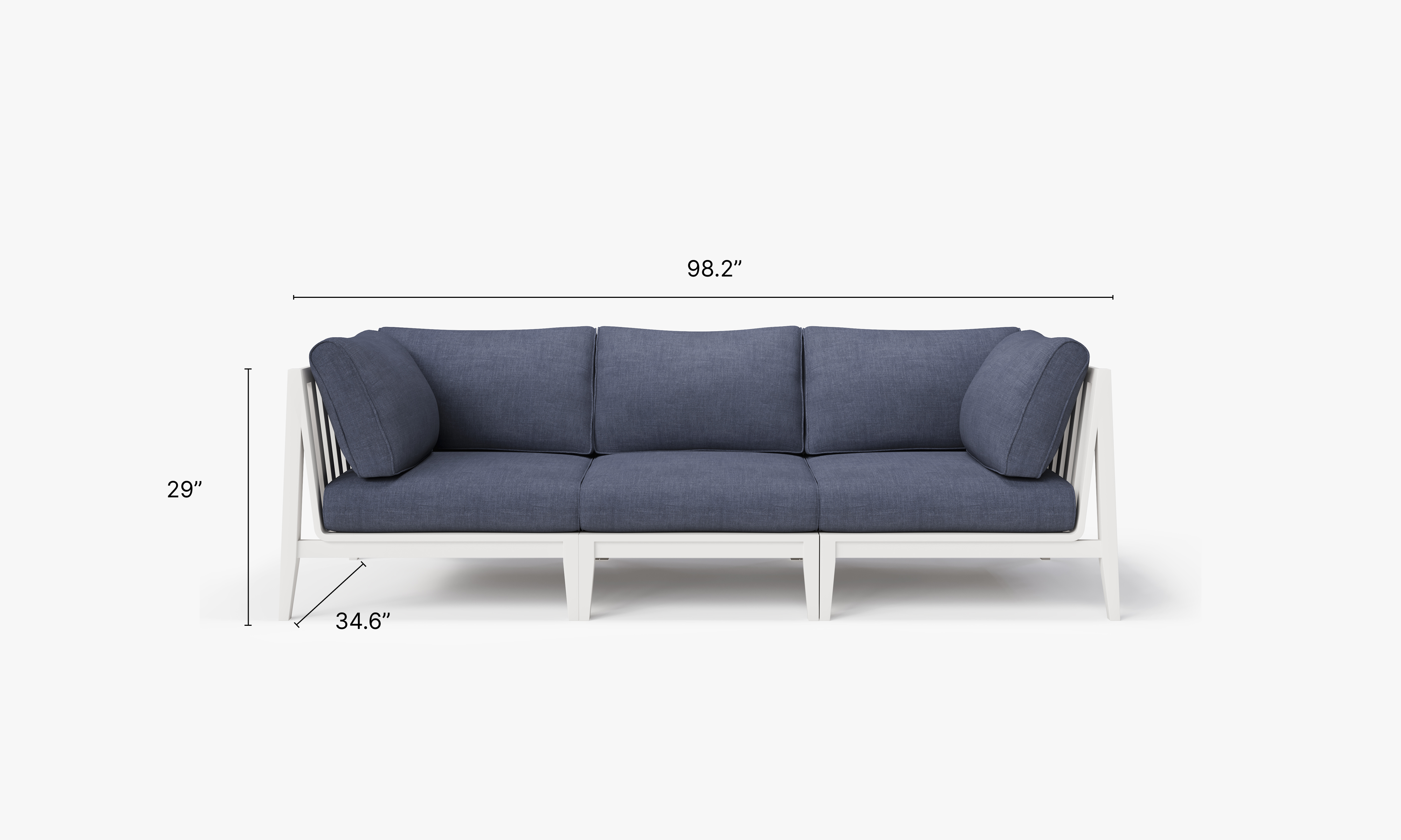 White Aluminum Outdoor Sofa - 3 Seat dimensions in inches, also listed under Dimensions and Weights. #color_deep sea navy