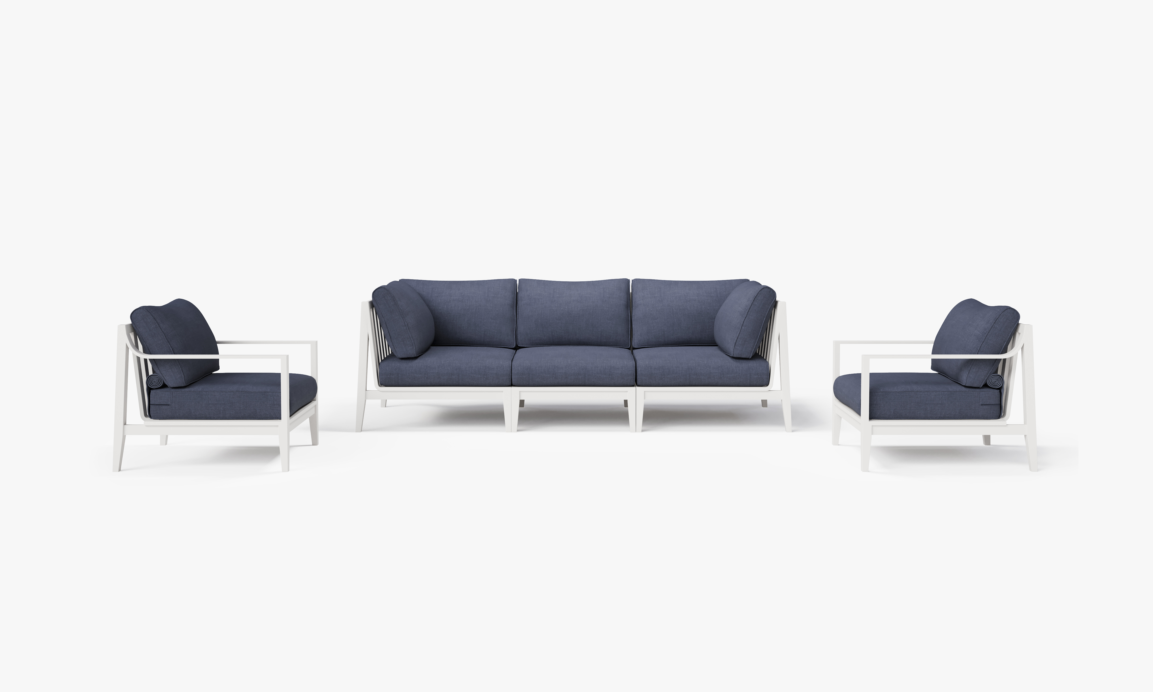 White Aluminum Outdoor Sofa with Armchairs - 5 Seat, front. Comfortable, durable, and weather resistant outdoor seating with memory foam. #color_deep sea navy