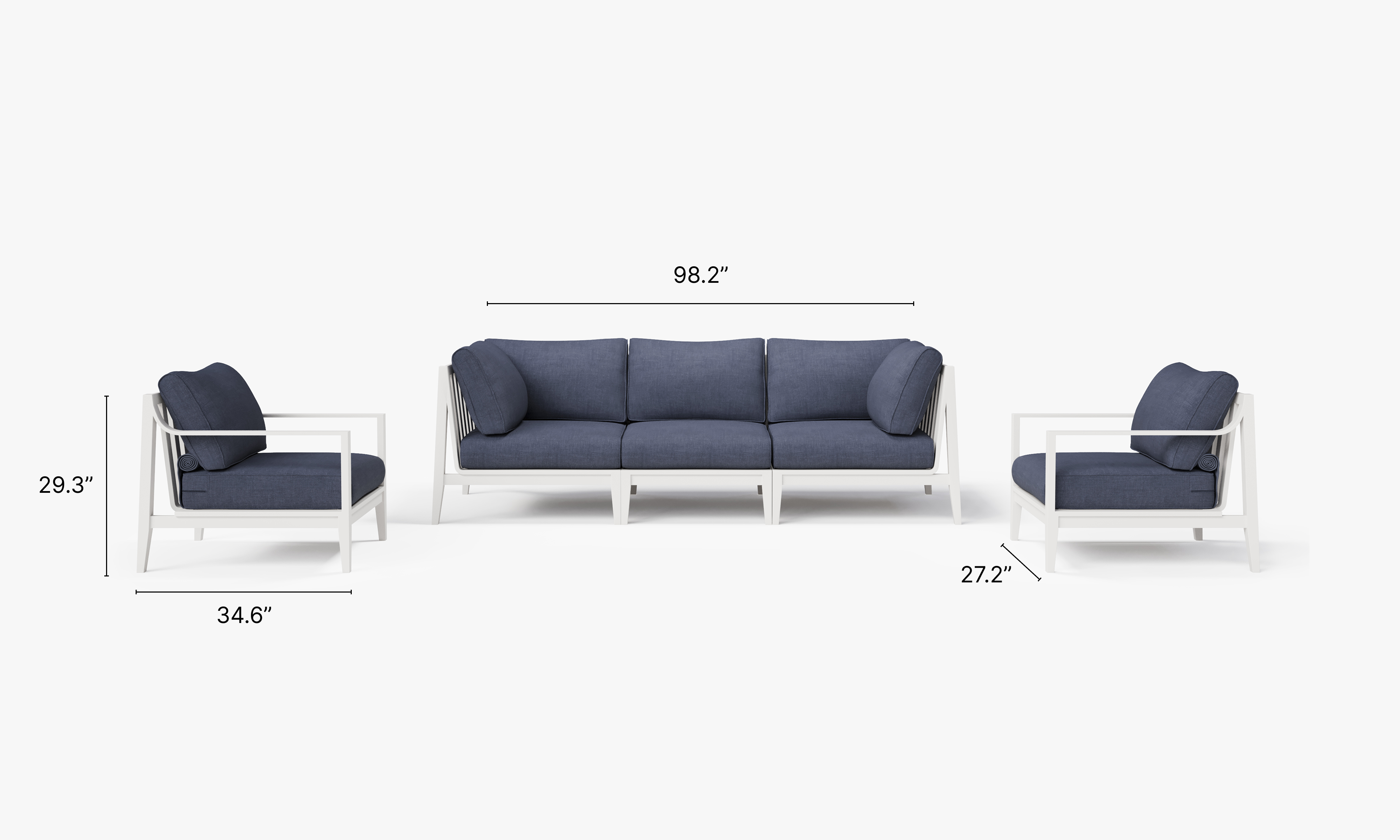 White Aluminum Outdoor Sofa with Armchairs - 5 Seat dimensions in inches, also listed under Dimensions and Weights. #color_deep sea navy