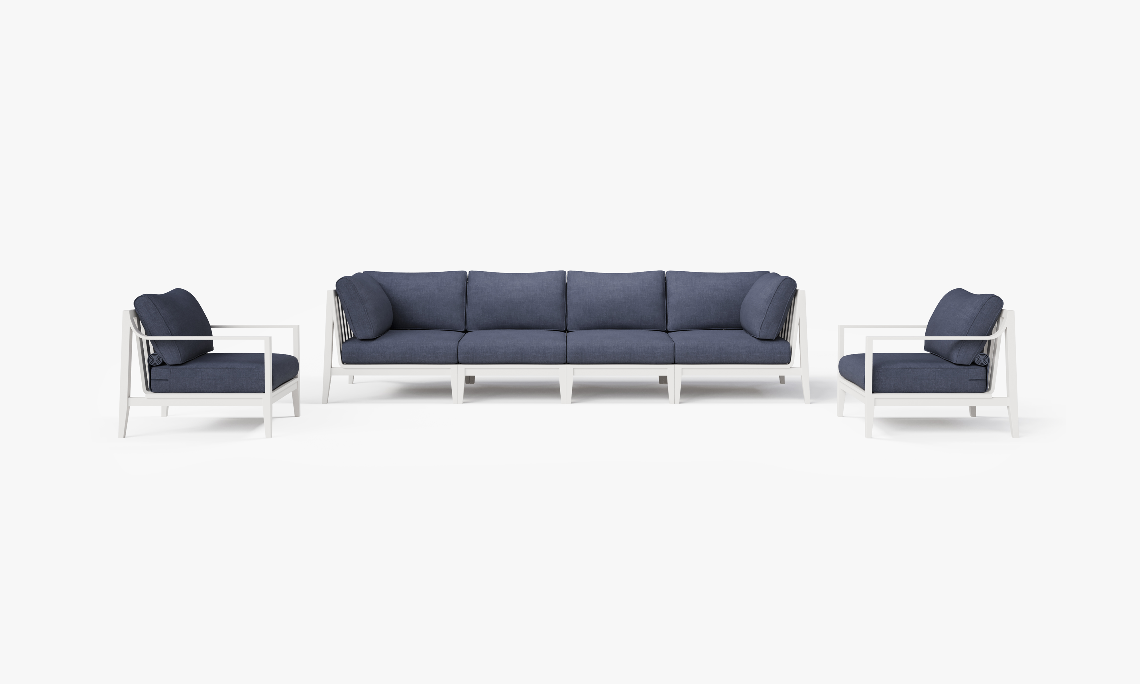 White Aluminum Outdoor Sofa with Armchairs - 6 Seat, front. Comfortable, durable, and weather resistant outdoor seating with memory foam. #color_deep sea navy