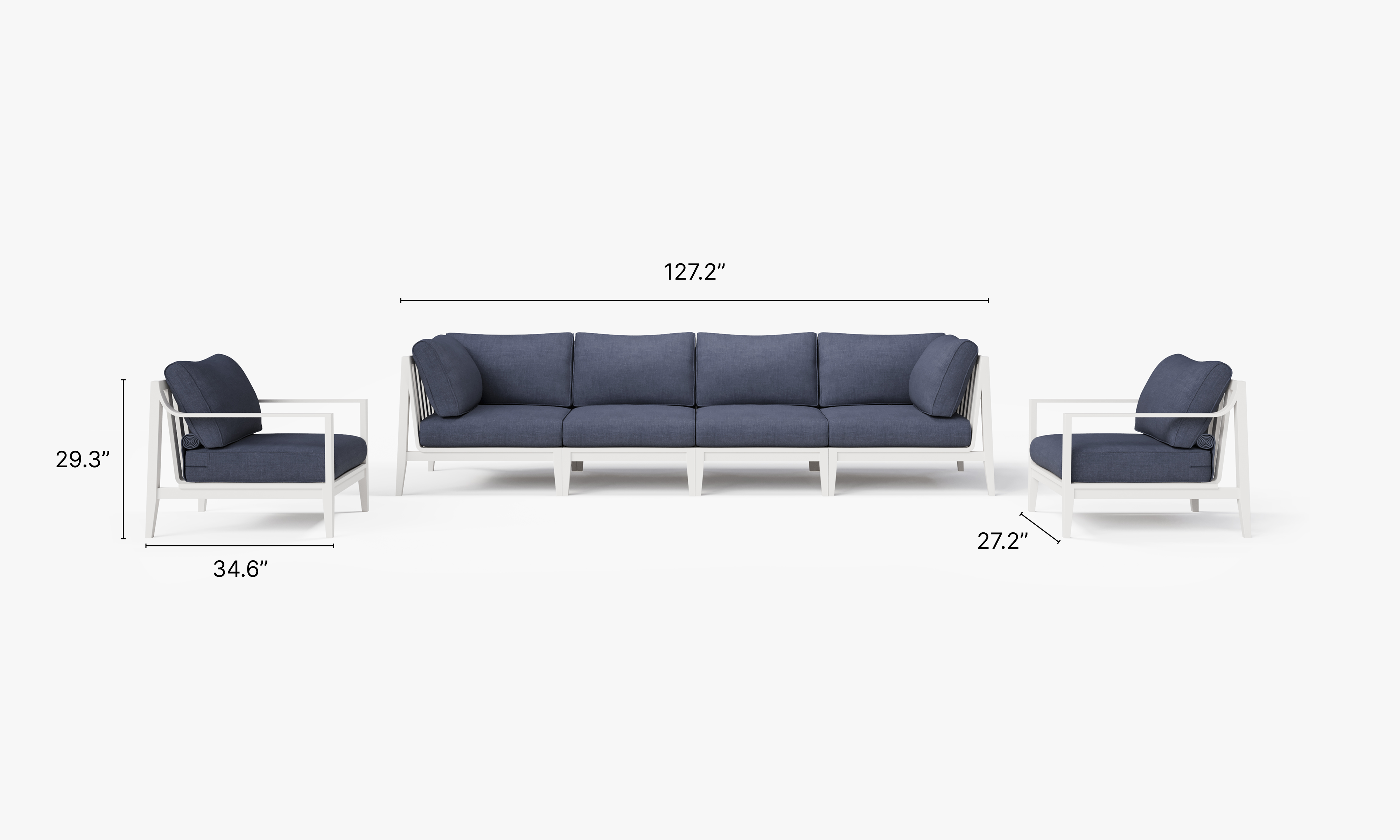 White Aluminum Outdoor Sofa with Armchairs - 6 Seat dimensions in inches, also listed under Dimensions and Weights. #color_deep sea navy