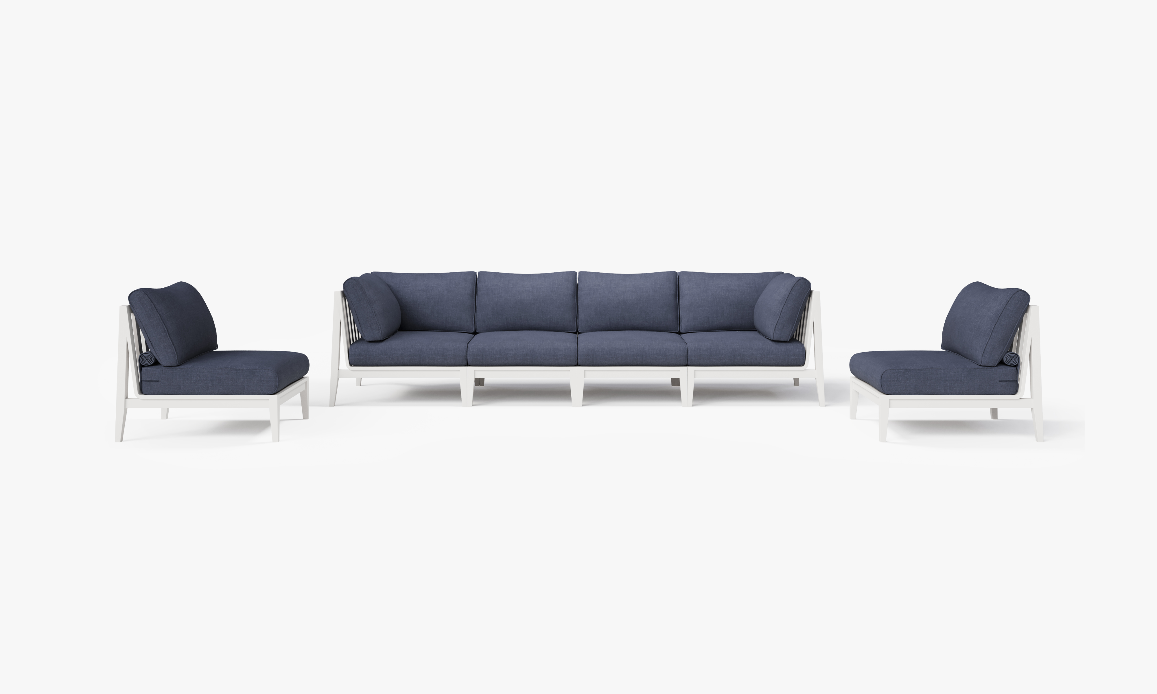White Aluminum Outdoor Sofa with Armless Chairs - 6 Seat, front. Comfortable, durable, and weather resistant outdoor seating with memory foam. #color_deep sea navy