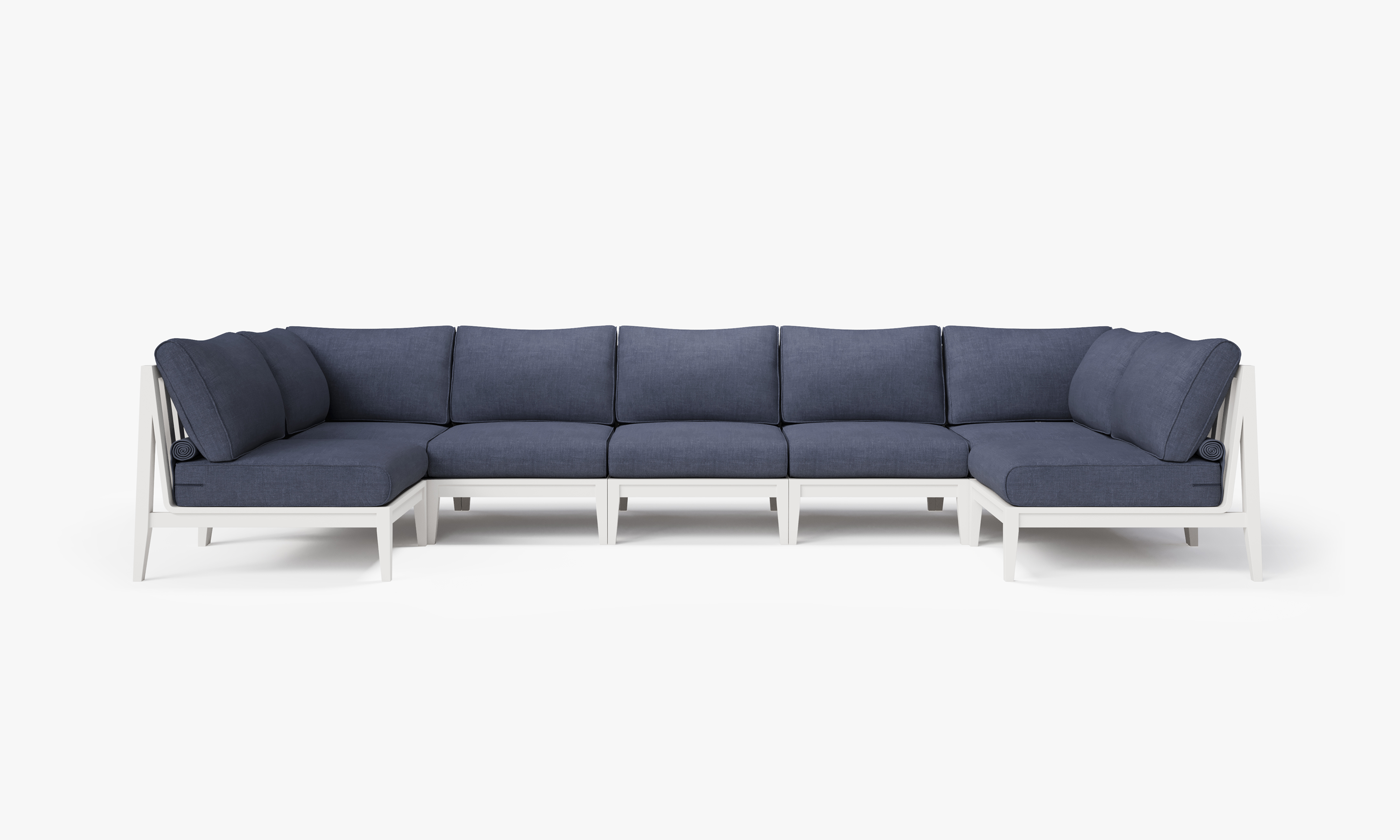 White Aluminum Outdoor U Sectional - 7 Seat, front. Comfortable, durable, and weather resistant outdoor seating with memory foam. #color_deep sea navy
