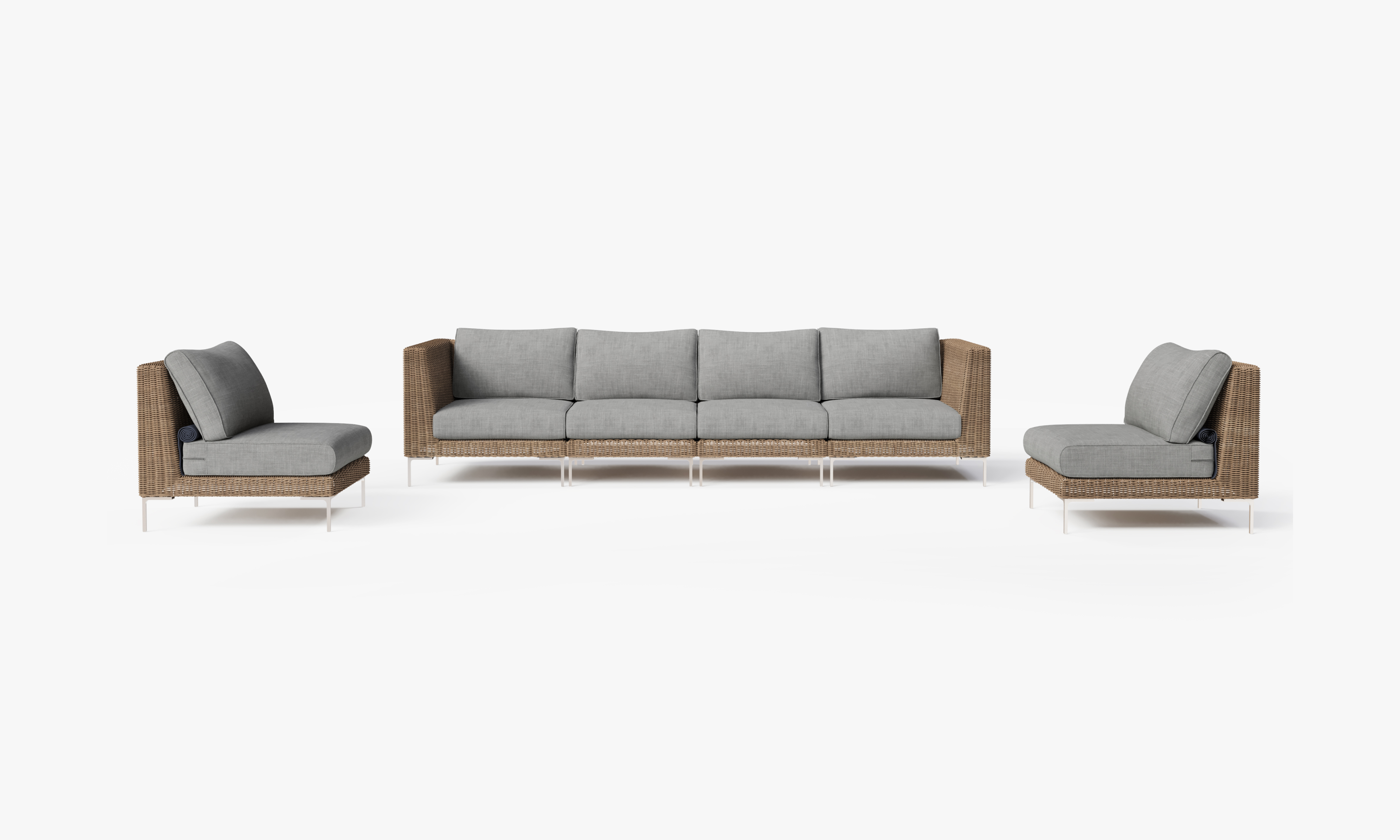 Brown Wicker Outdoor Sofa with Armless Chairs - 6 Seat, front. Comfortable, durable, and weather resistant outdoor seating with memory foam. #color_pacific fog gray