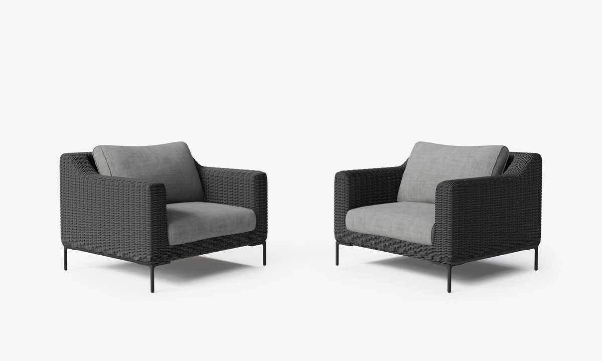 Black Wicker Outdoor Armchair Conversation Set, front. Comfortable, durable, and weather resistant outdoor seating with memory foam. #color_pacific fog gray