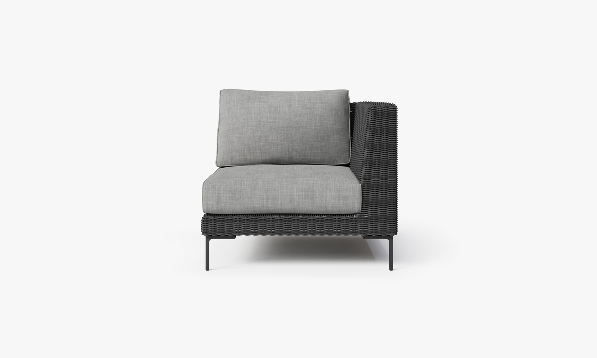 Black Wicker Outdoor Corner Chair - Left/Right, front. Comfortable, durable, and weather resistant outdoor seating with memory foam. #color_pacific fog gray