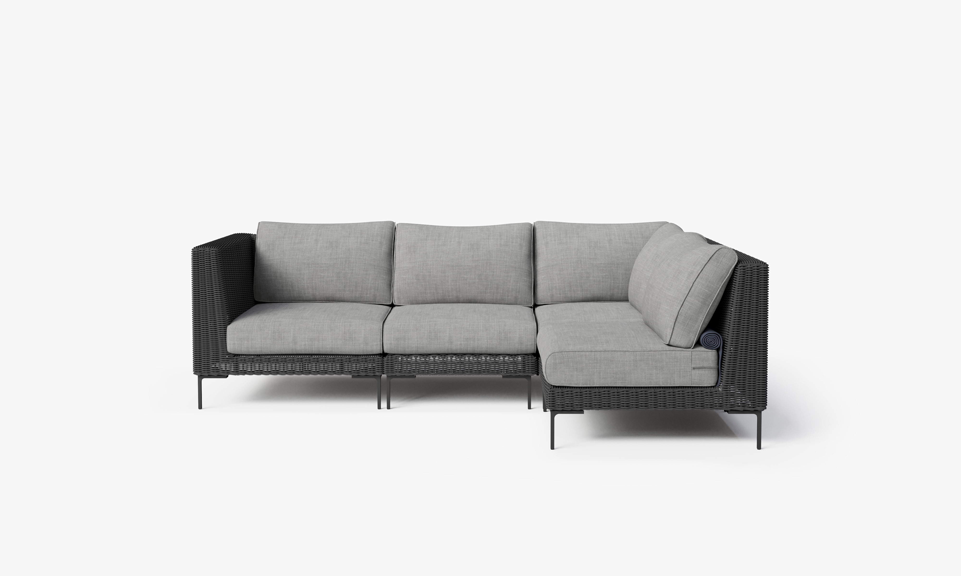 Black Wicker Outdoor L Sectional - 4 Seat, front. Comfortable, durable, and weather resistant outdoor seating with memory foam. #color_pacific fog gray
