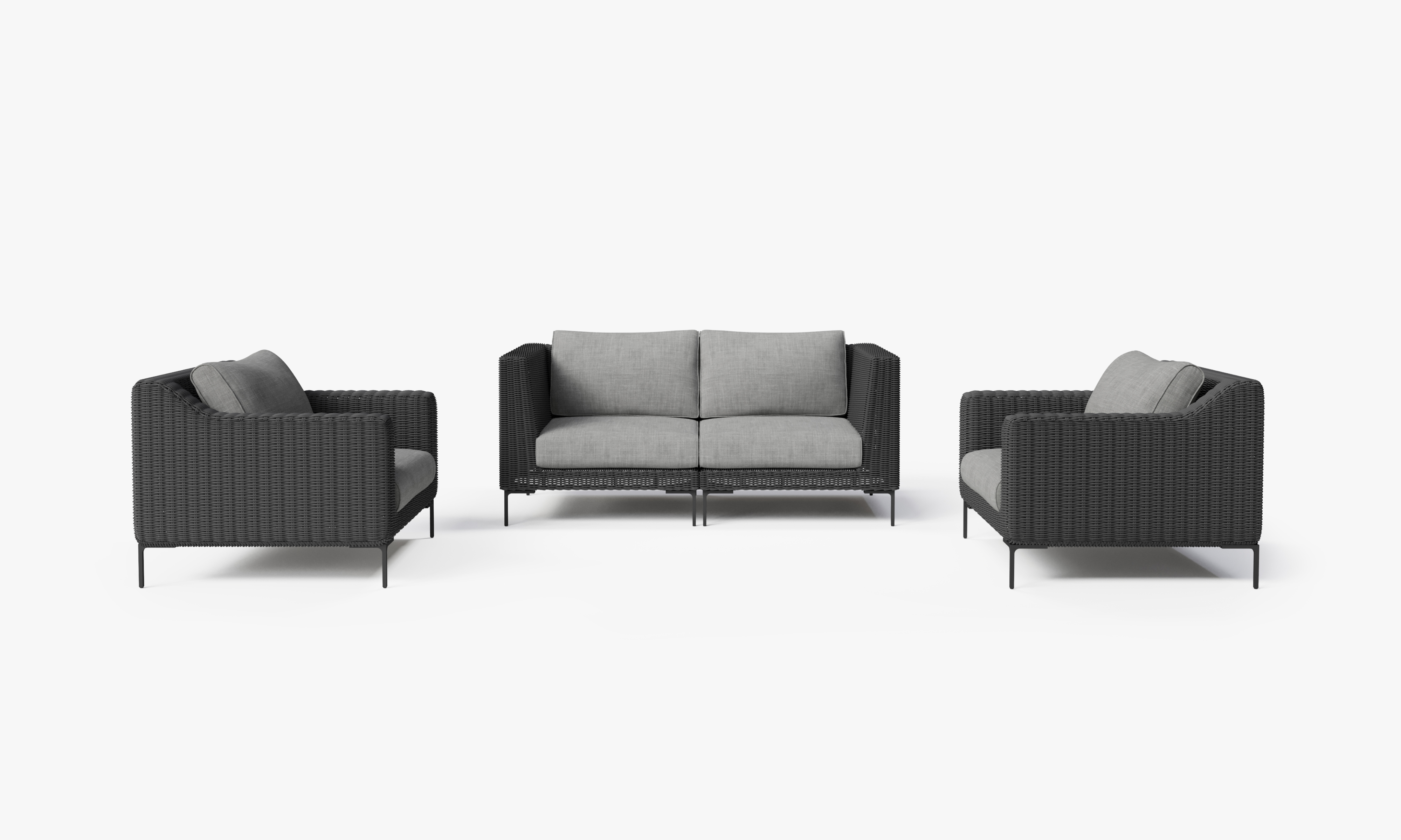 Black Wicker Outdoor Loveseat with Armchairs - 4 Seat, front. Comfortable, durable, and weather resistant outdoor seating with memory foam. #color_pacific fog gray