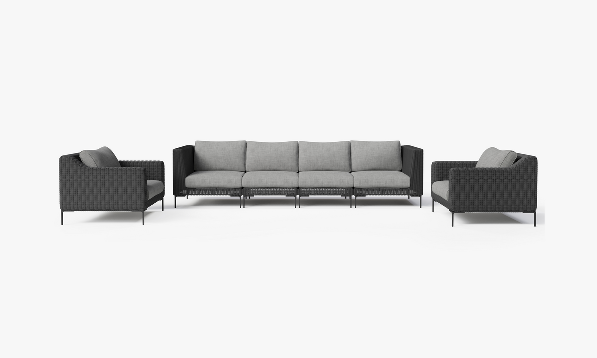 Black Wicker Outdoor Sofa with Armchairs - 6 Seat, front. Comfortable, durable, and weather resistant outdoor seating with memory foam. #color_pacific fog gray