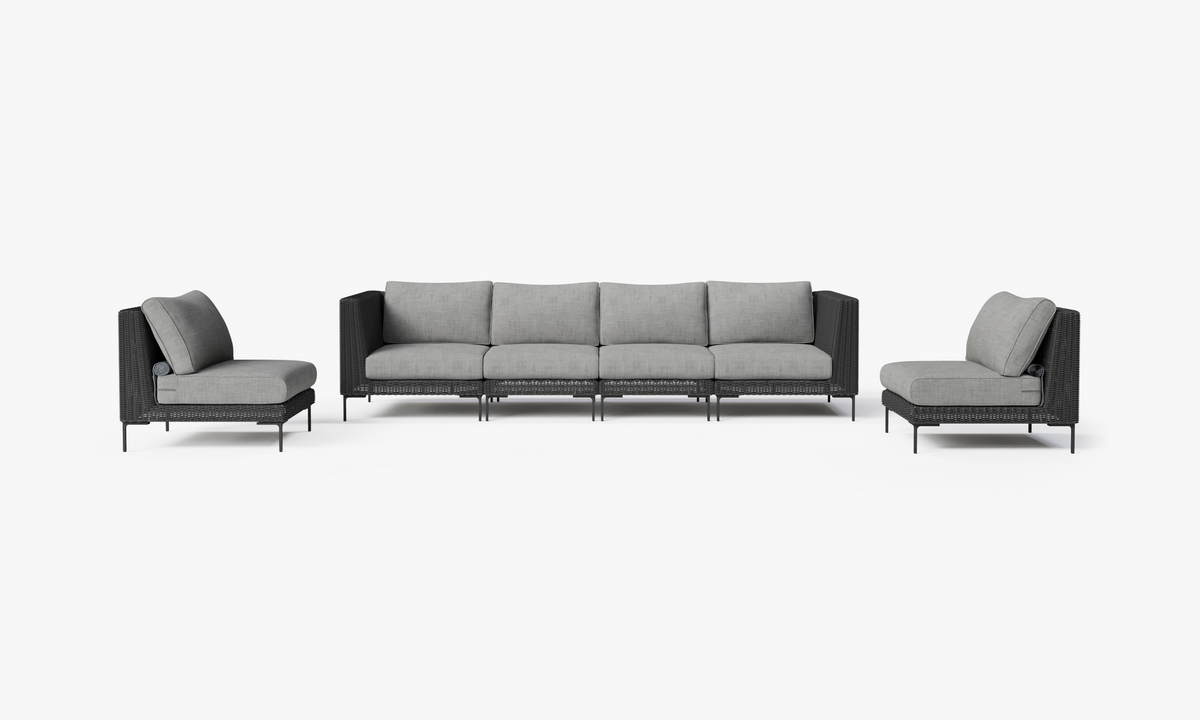 Black Wicker Outdoor Sofa with Armless Chairs - 6 Seat, front. Comfortable, durable, and weather resistant outdoor seating with memory foam. #color_pacific fog gray