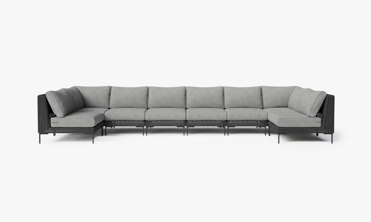Black Wicker Outdoor U Sectional - 8 Seat, front. Comfortable, durable, and weather resistant outdoor seating with memory foam. #color_pacific fog gray