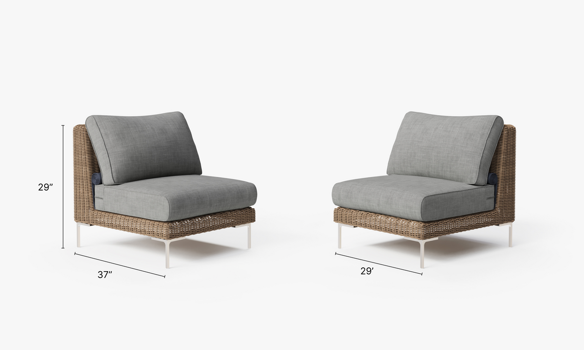 Brown Wicker Outdoor Armless Chair Conversation Set dimensions in inches, also listed under Dimensions and Weights. #color_pacific fog gray