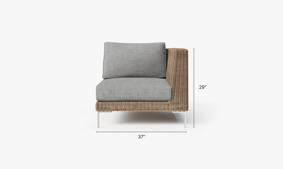 Brown Wicker Outdoor Corner Chair - Left/Right dimensions in inches, also listed under Dimensions and Weights. #color_pacific fog gray