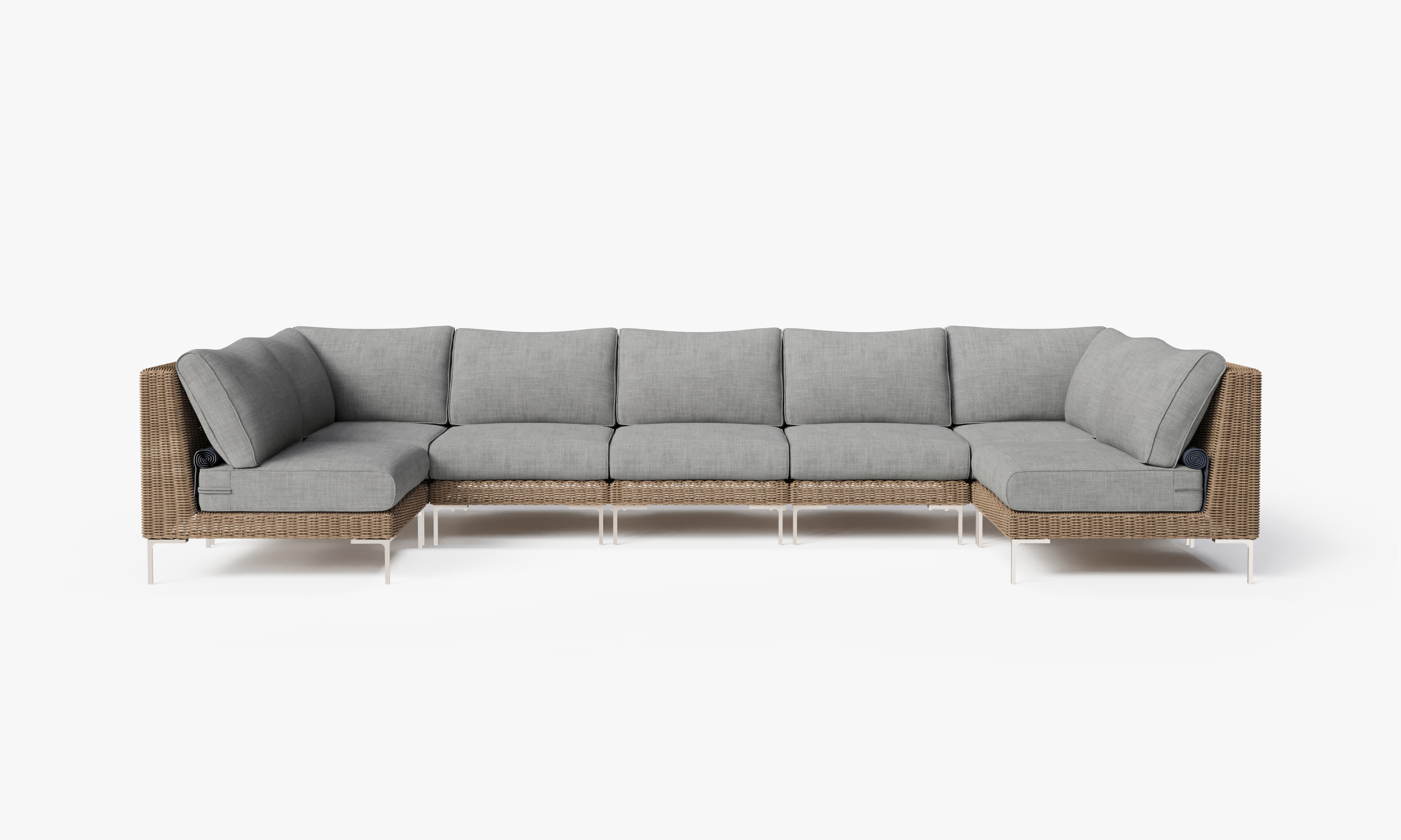 Brown Wicker Outdoor U Sectional - 7 Seat, front. Comfortable, durable, and weather resistant outdoor seating with memory foam. #color_pacific fog gray
