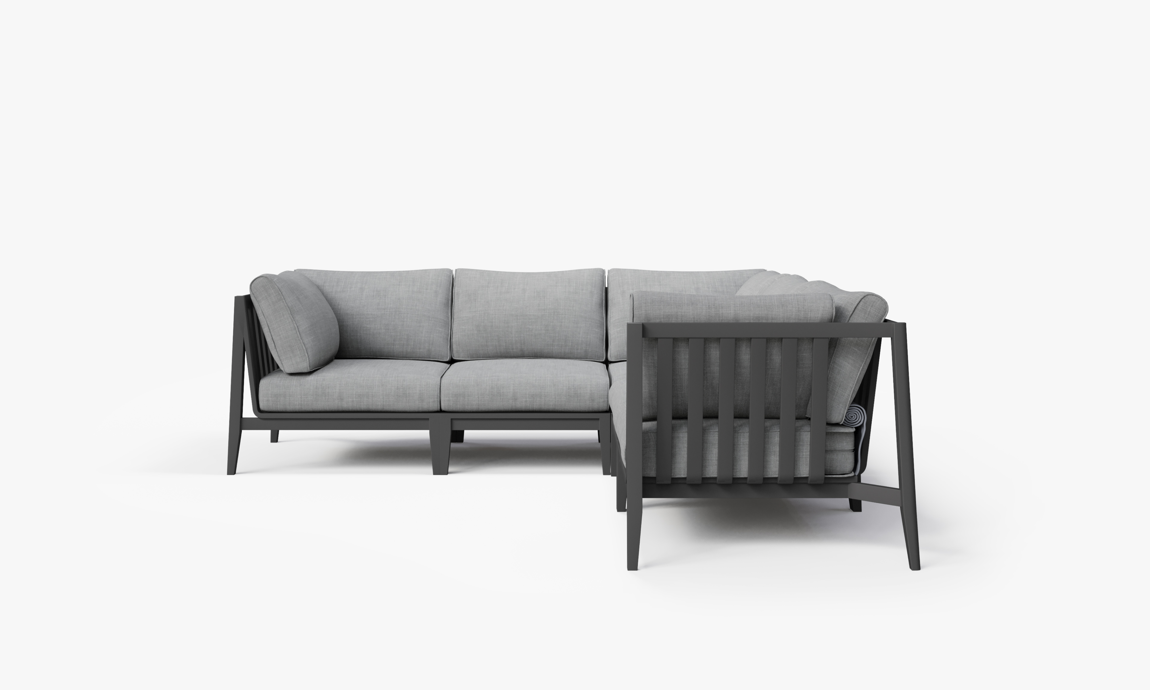 Charcoal Aluminum Outdoor Corner Sectional - 5 Seat, front. Comfortable, durable, and weather resistant outdoor seating with memory foam. #color_pacific fog gray