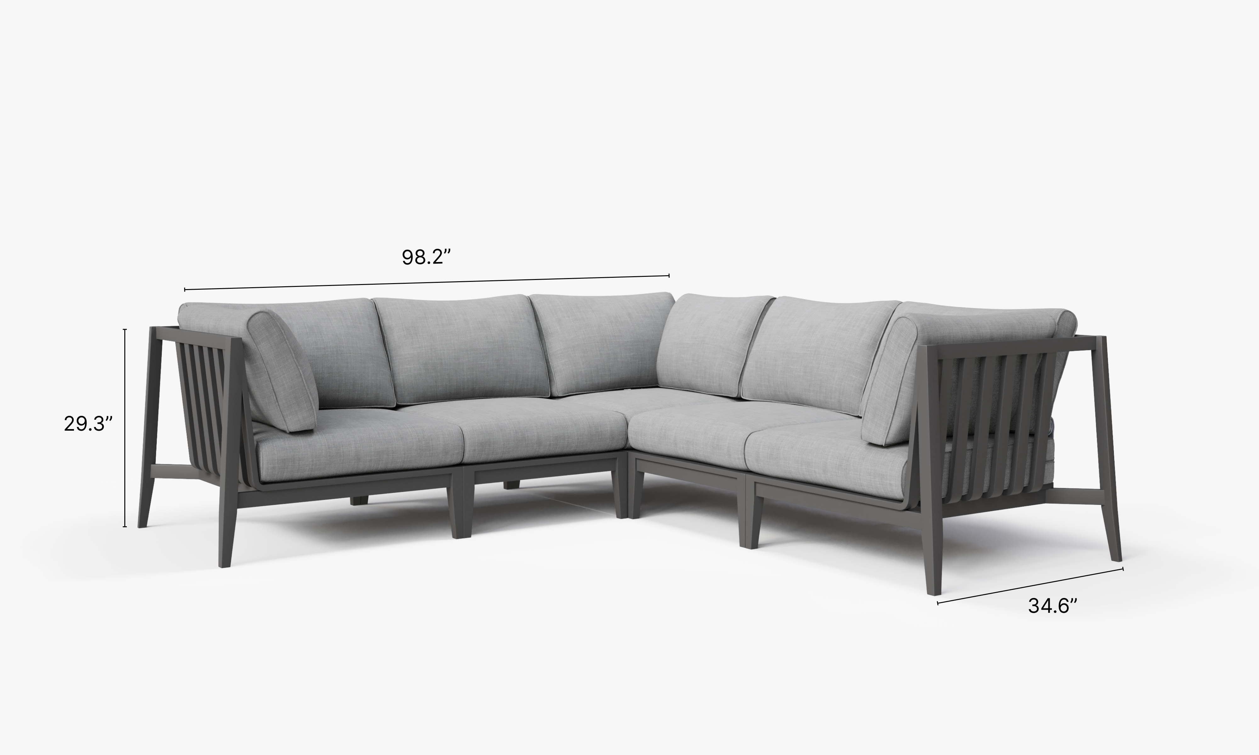 Charcoal Aluminum Outdoor Corner Sectional - 5 Seat dimensions in inches, also listed under Dimensions and Weights. #color_pacific fog gray