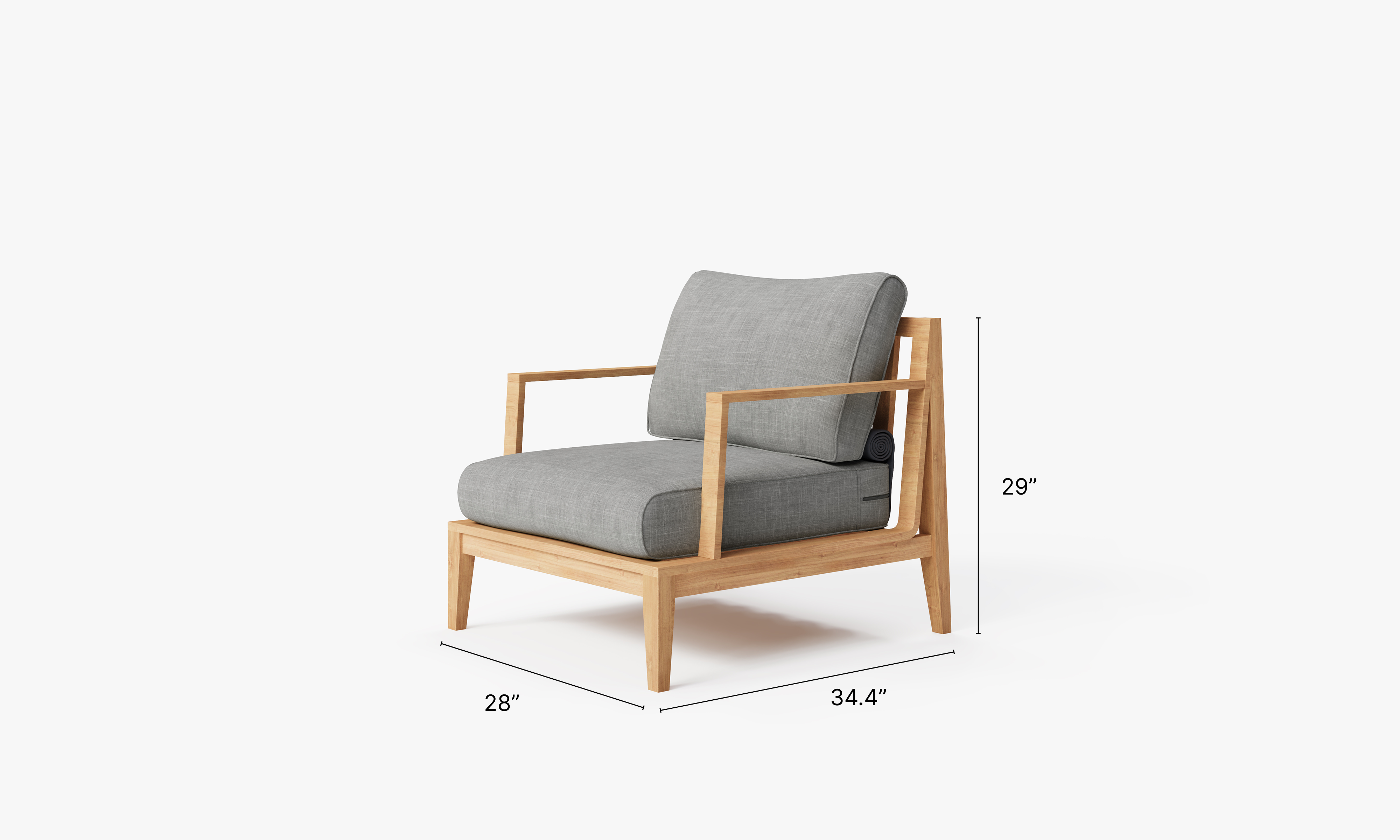 Teak outdoor sofa and armchair conversation set arranged on a patio, featuring gray cushions and a modern, minimalist design.-teak outdoor sofa-outer #color_pacific fog gray