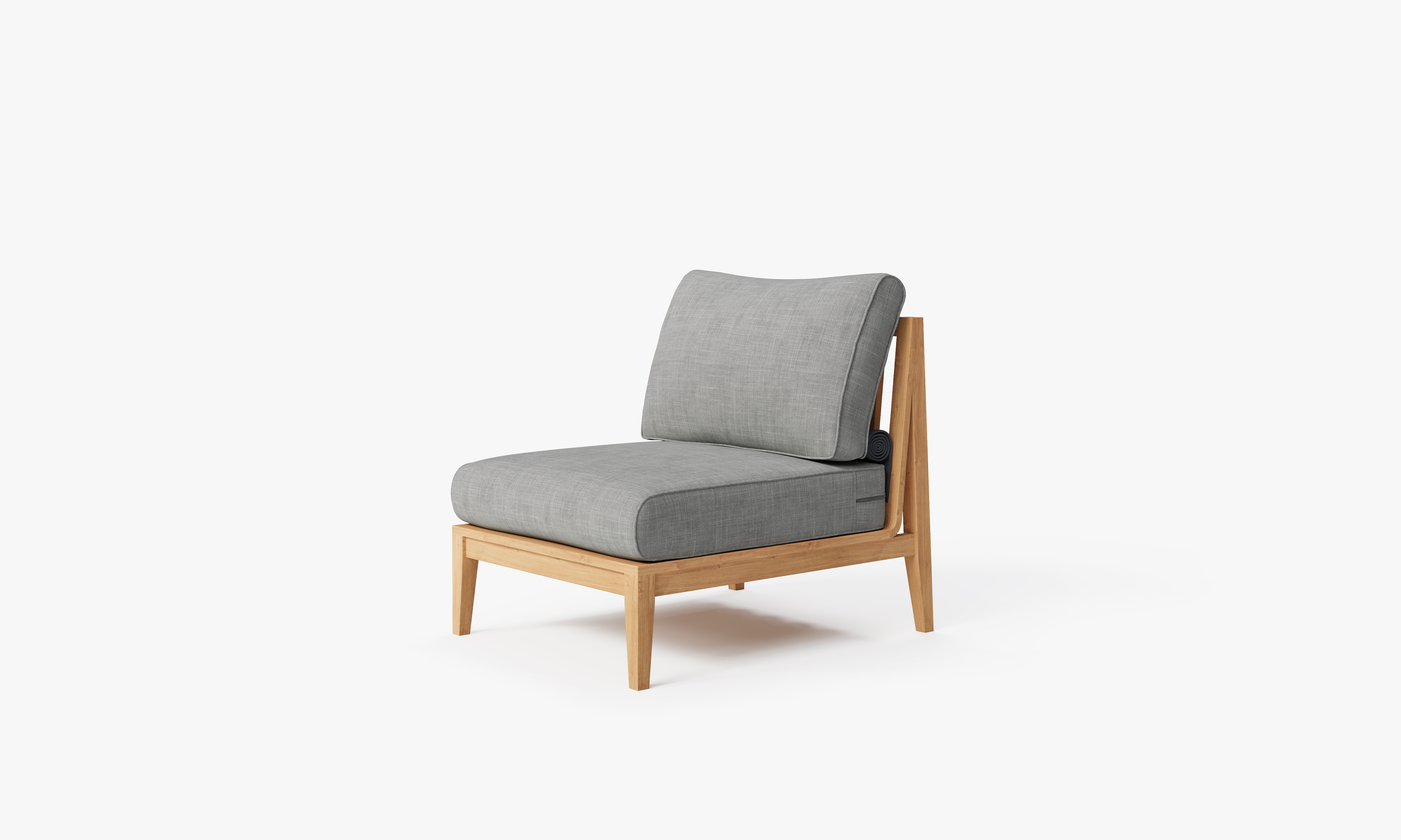 Teak outdoor armless chair with gray cushions, featuring a sturdy wooden frame and slatted design, ideal for patio or garden seating.-teak outdoor sofa-outer #color_pacific fog gray