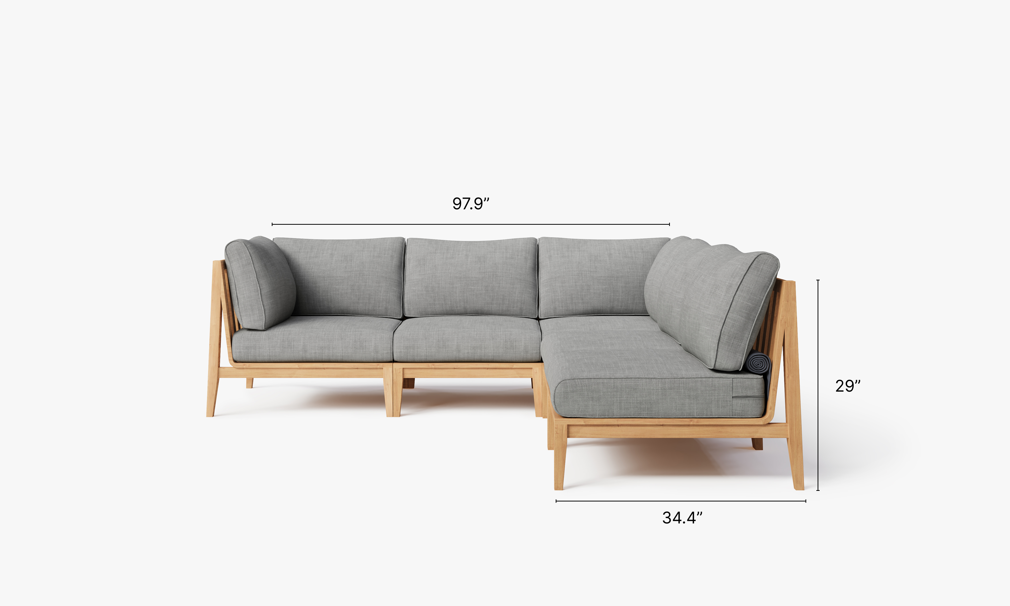 Teak outdoor corner sectional sofa with 5 gray cushioned seats arranged in an L-shape.-teak outdoor sofa-outer #color_pacific fog gray