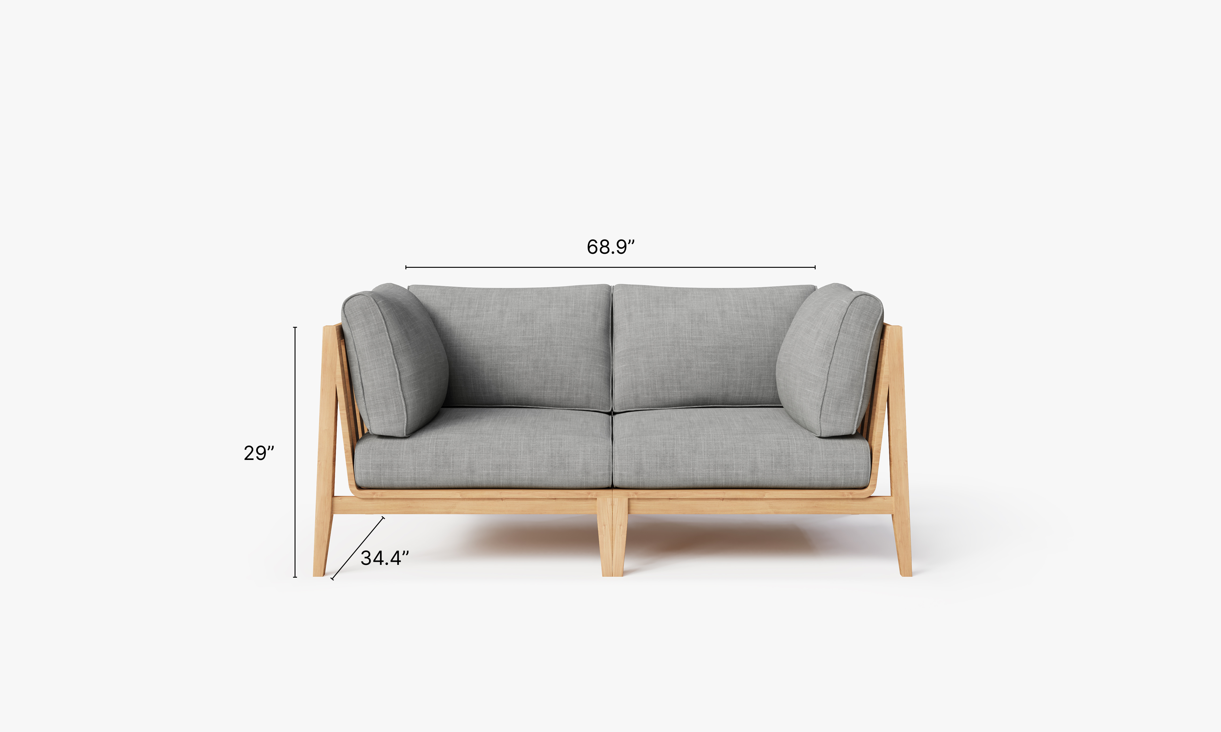 Teak outdoor loveseat sofa with white aluminum frame and gray cushions, designed for comfortable outdoor seating.-teak outdoor sofa-outer #color_pacific fog gray