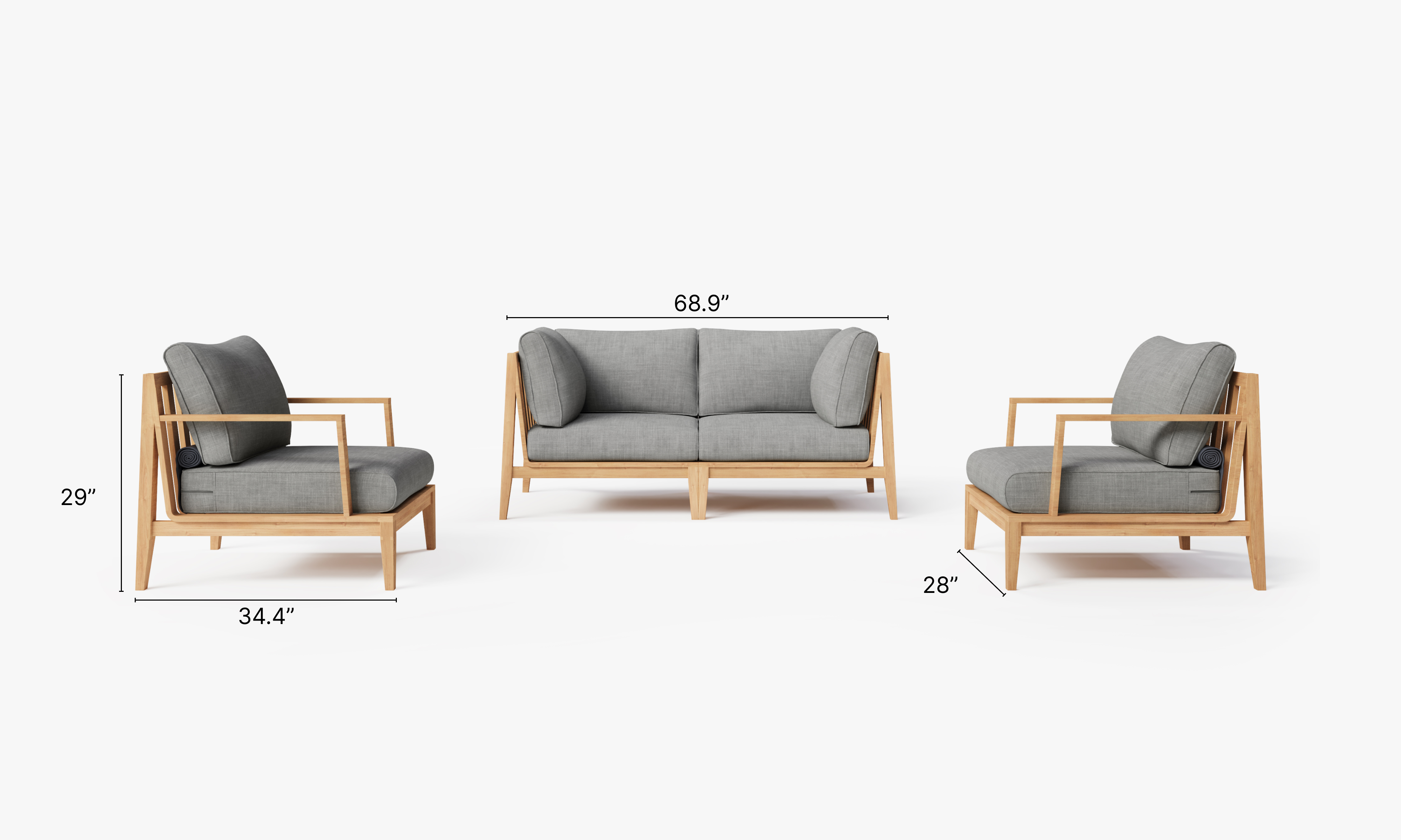 Teak outdoor sofa with matching armchairs arranged on a wooden deck, featuring white cushions and a modern, minimalist design.-teak outdoor sofa-outer
#color_pacific fog gray