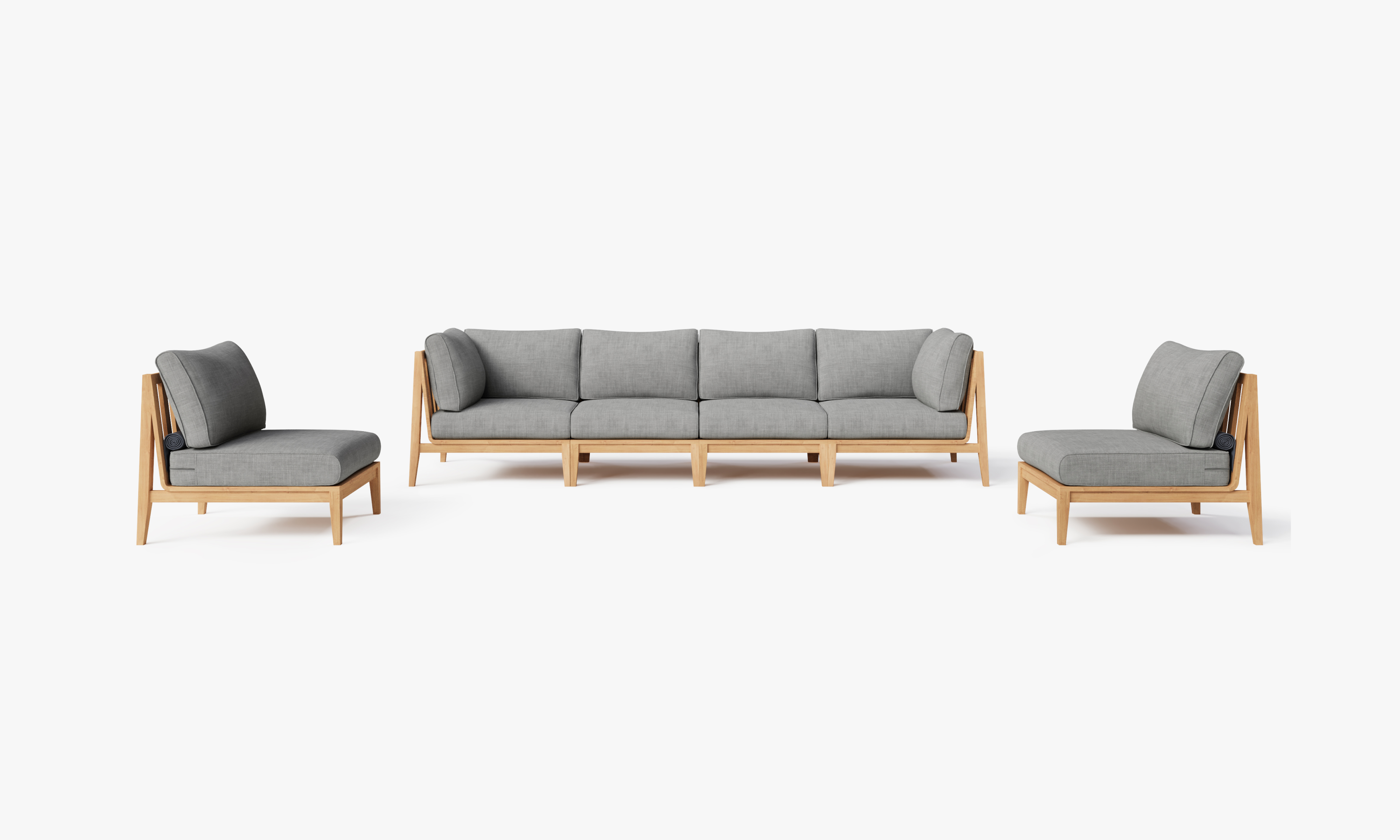 Teak outdoor sofa with armless chairs, featuring gray cushions and a six-seat arrangement on a wooden deck.-teak outdoor sofa-outer #color_pacific fog gray