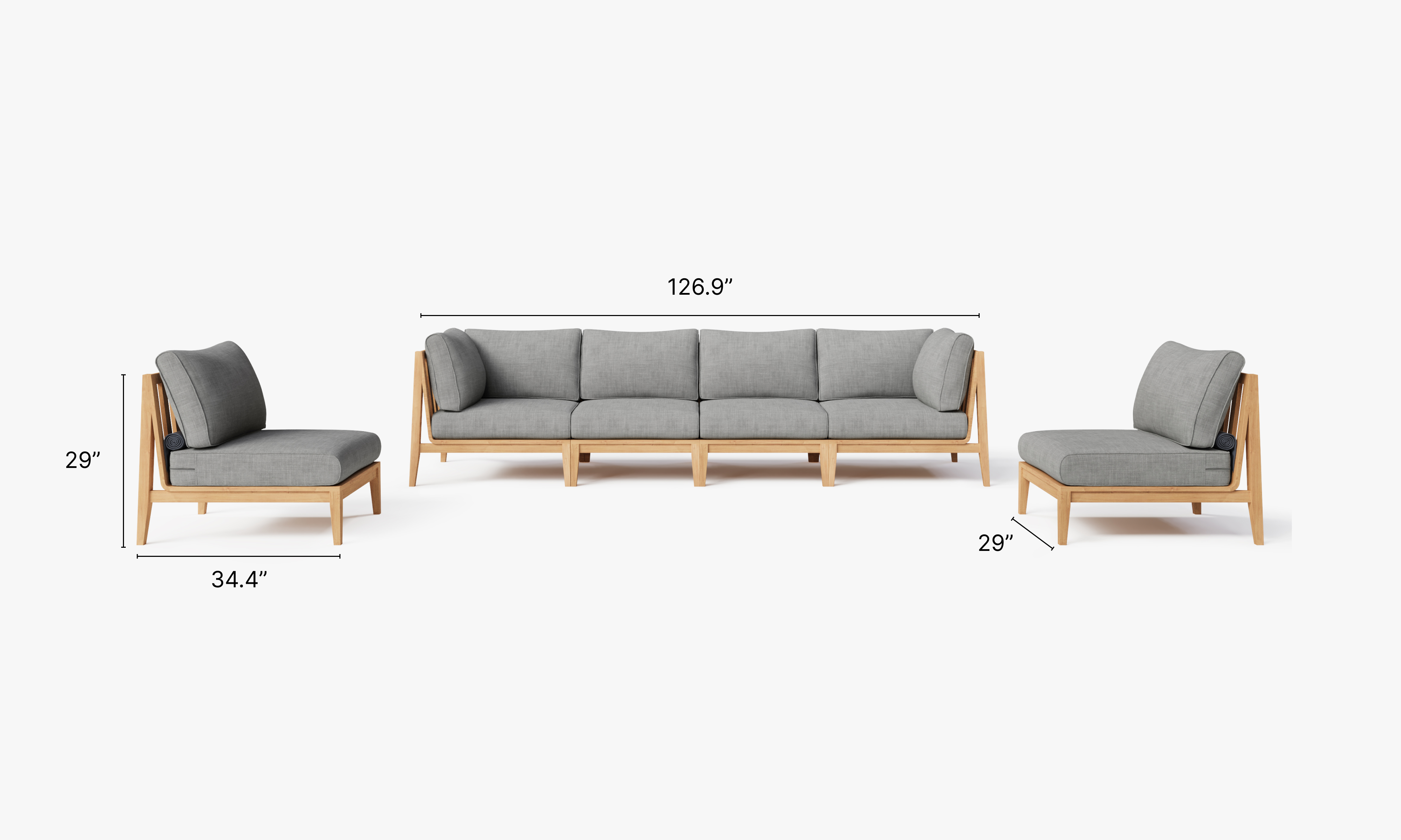 A teak outdoor sofa with white cushions, featuring an armless design and a slatted wooden frame, placed on a wooden deck with greenery in the background.-teak outdoor sofa-outer #color_pacific fog gray