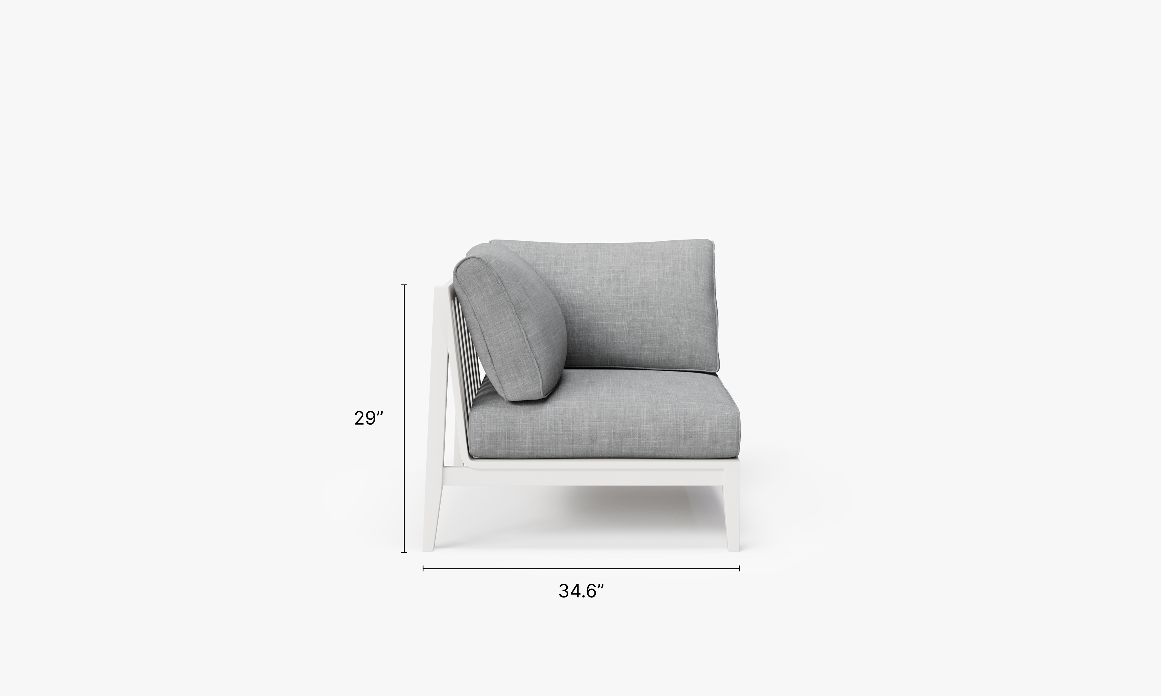 White Aluminum Outdoor Corner Chair - Right dimensions in inches, also listed under Dimensions and Weights. #color_pacific fog gray