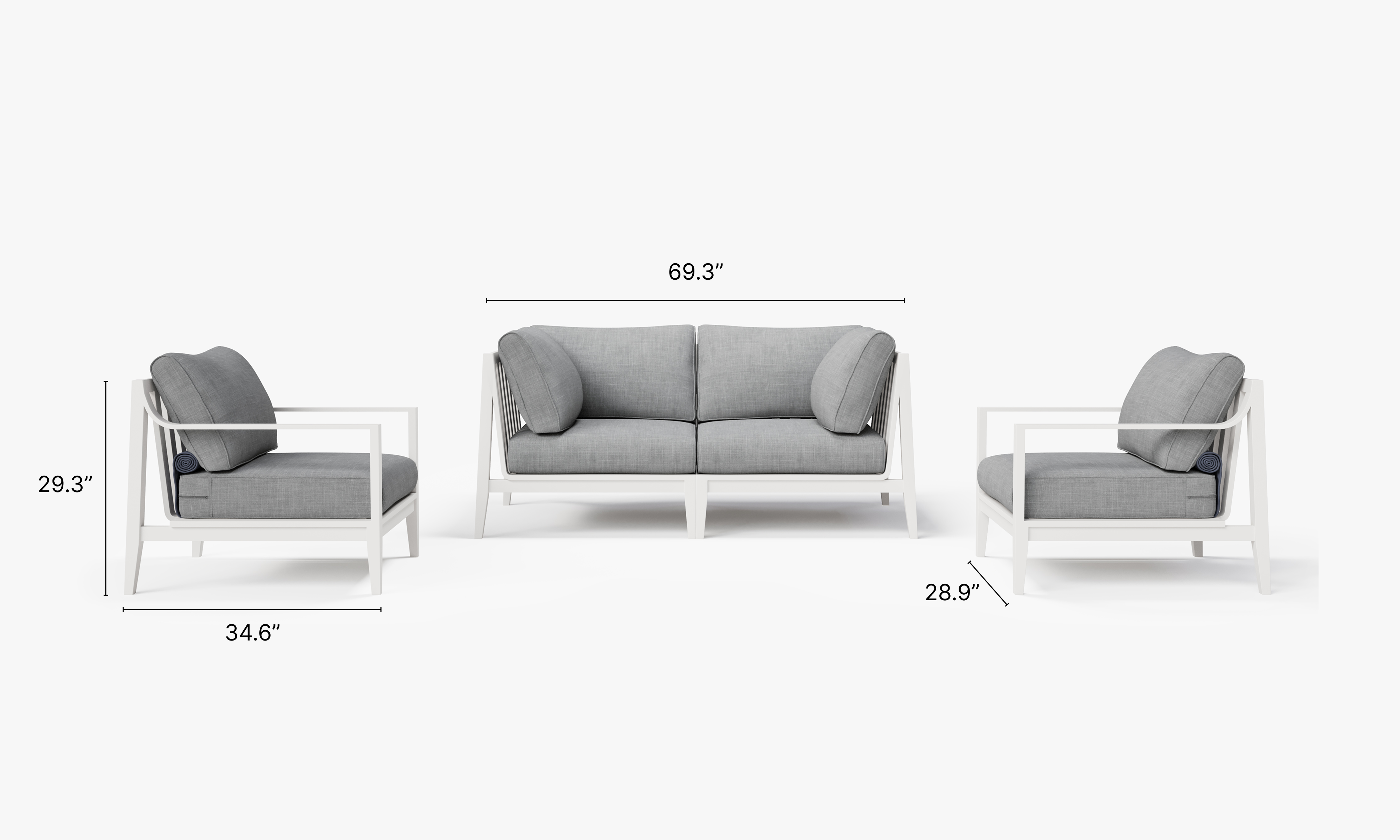 White Aluminum Outdoor Loveseat with Armchairs - 4 Seat dimensions in inches, also listed under Dimensions and Weights. #color_pacific fog gray