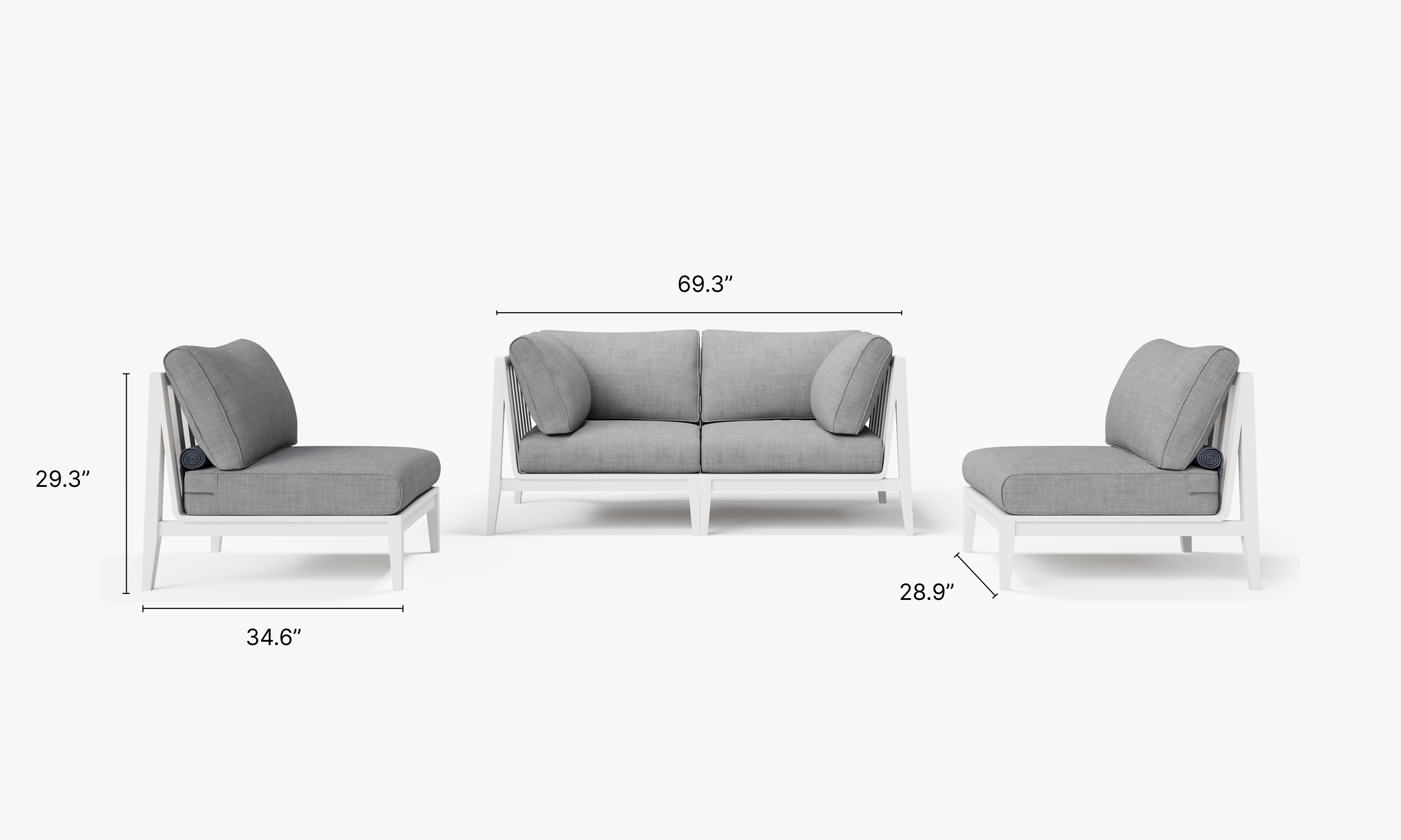 White Aluminum Outdoor Loveseat with Armless Chairs - 4 Seat dimensions in inches, also listed under Dimensions and Weights. #color_pacific fog gray