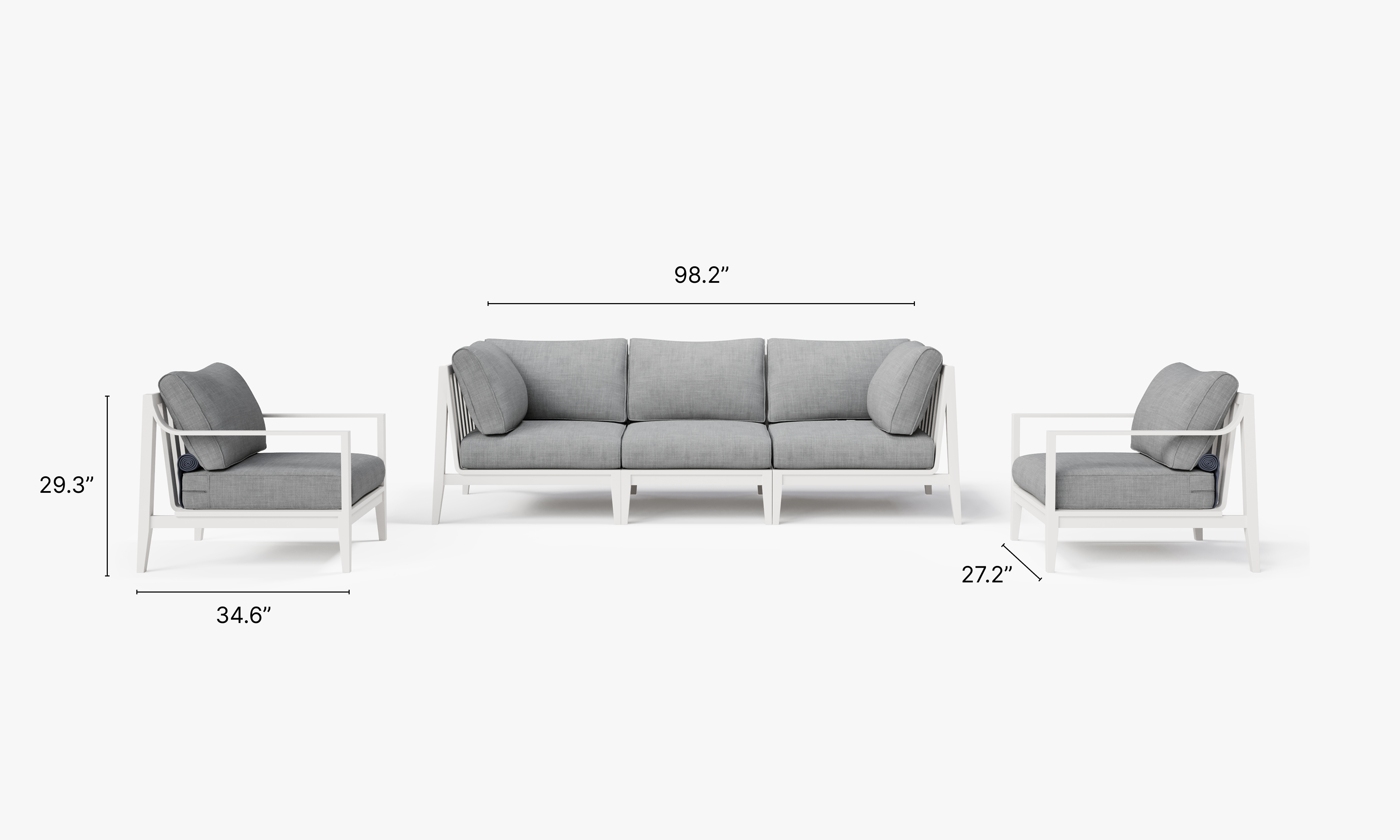 White Aluminum Outdoor Sofa with Armchairs - 5 Seat dimensions in inches, also listed under Dimensions and Weights. #color_pacific fog gray