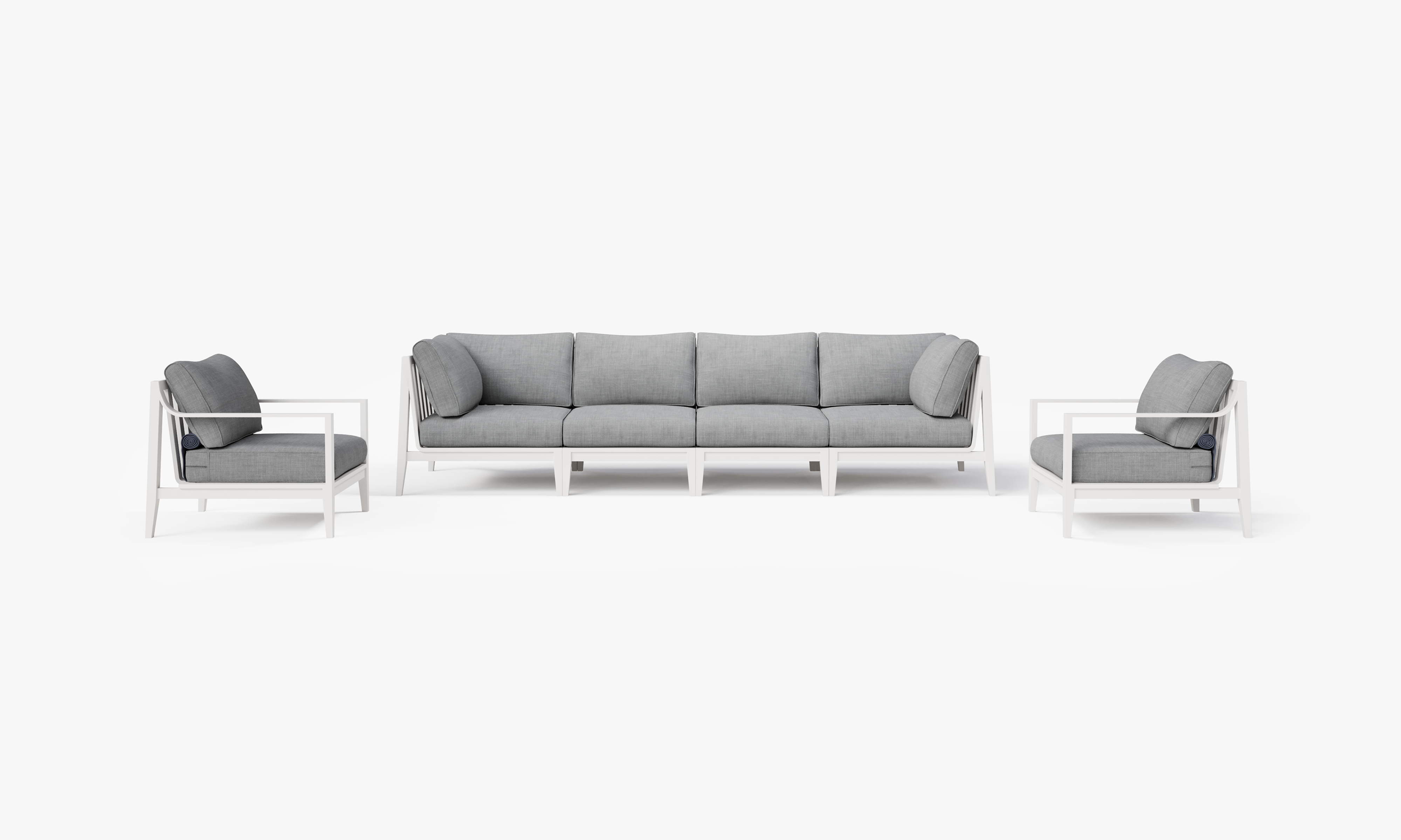 White Aluminum Outdoor Sofa with Armchairs - 6 Seat, front. Comfortable, durable, and weather resistant outdoor seating with memory foam. #color_pacific fog gray