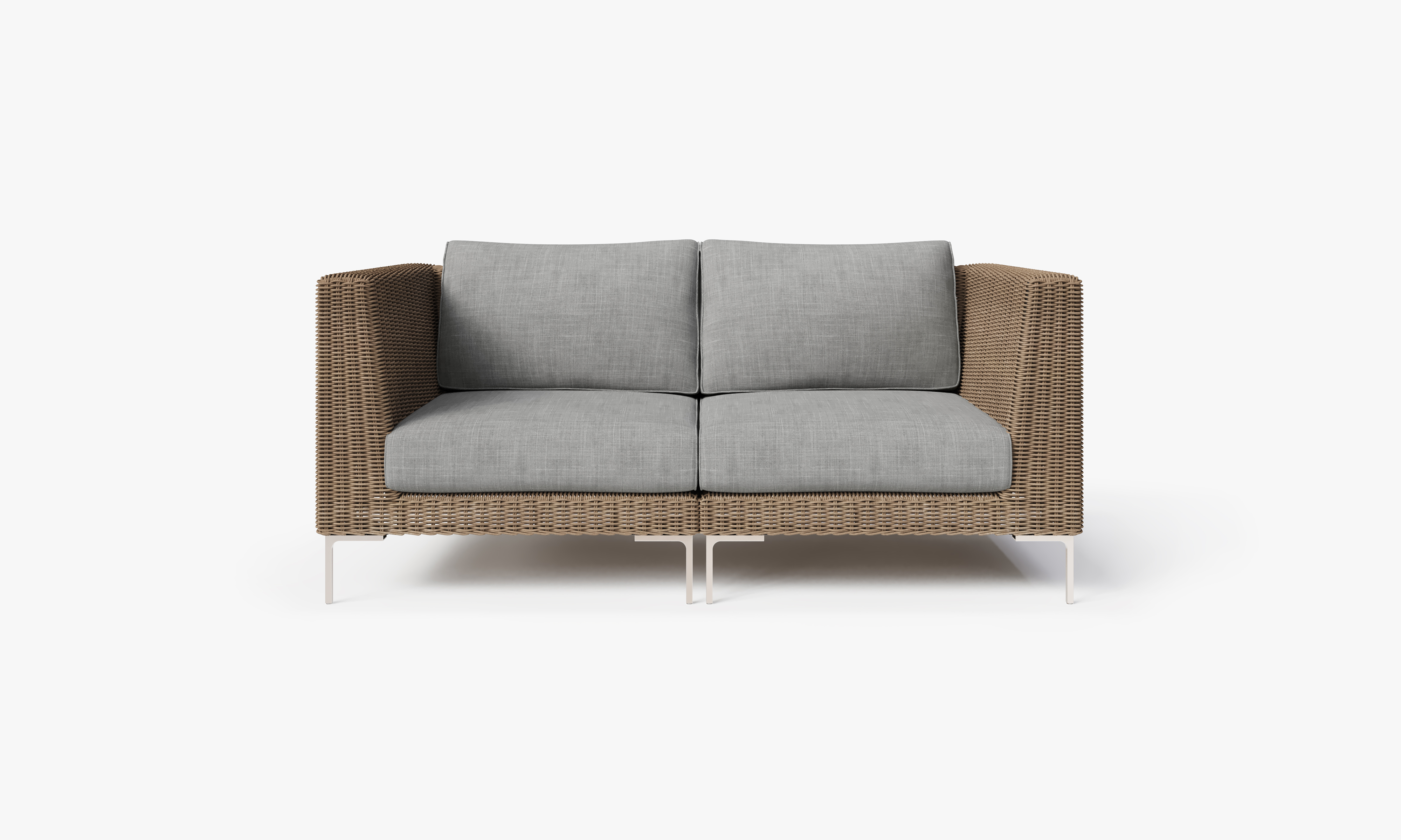 Brown Wicker Outdoor Loveseat, front. Comfortable, durable, and weather resistant outdoor seating with memory foam. #color_pacific fog gray