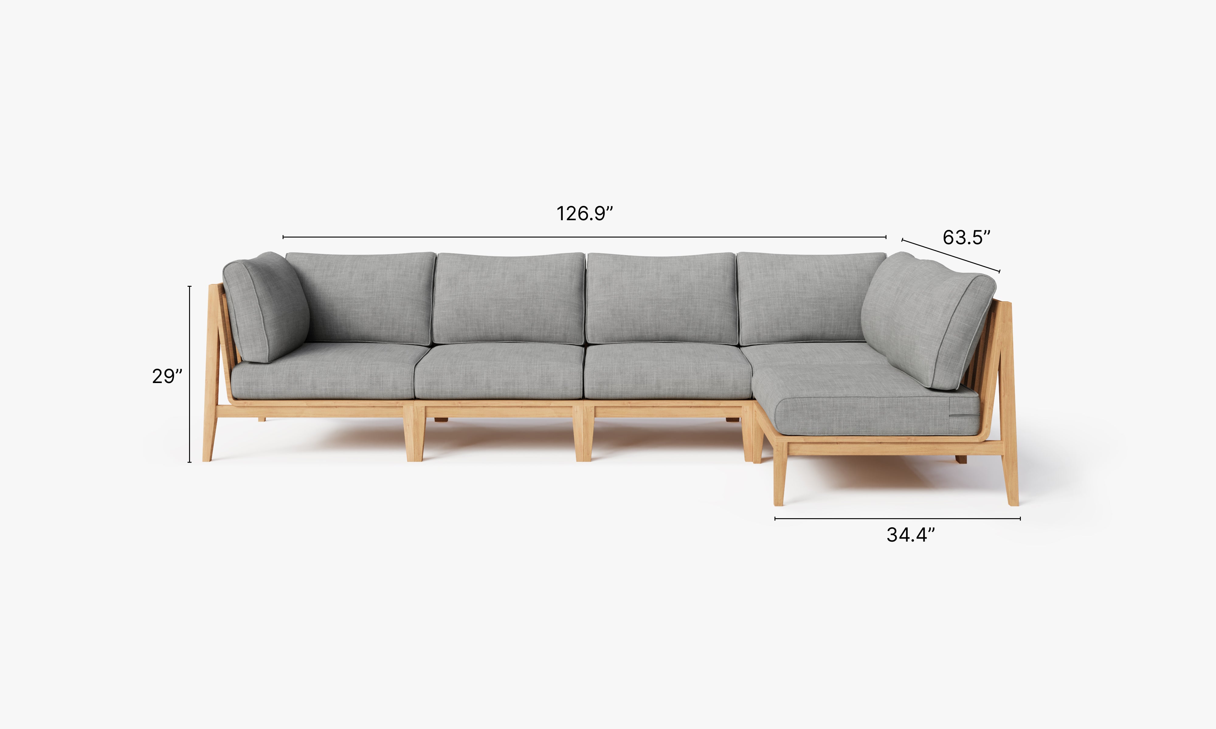 Teak outdoor sofa featuring a 5-seat L-shaped sectional design with white aluminum frame and gray cushions.-teak outdoor sofa-outer #color_pacific fog gray
