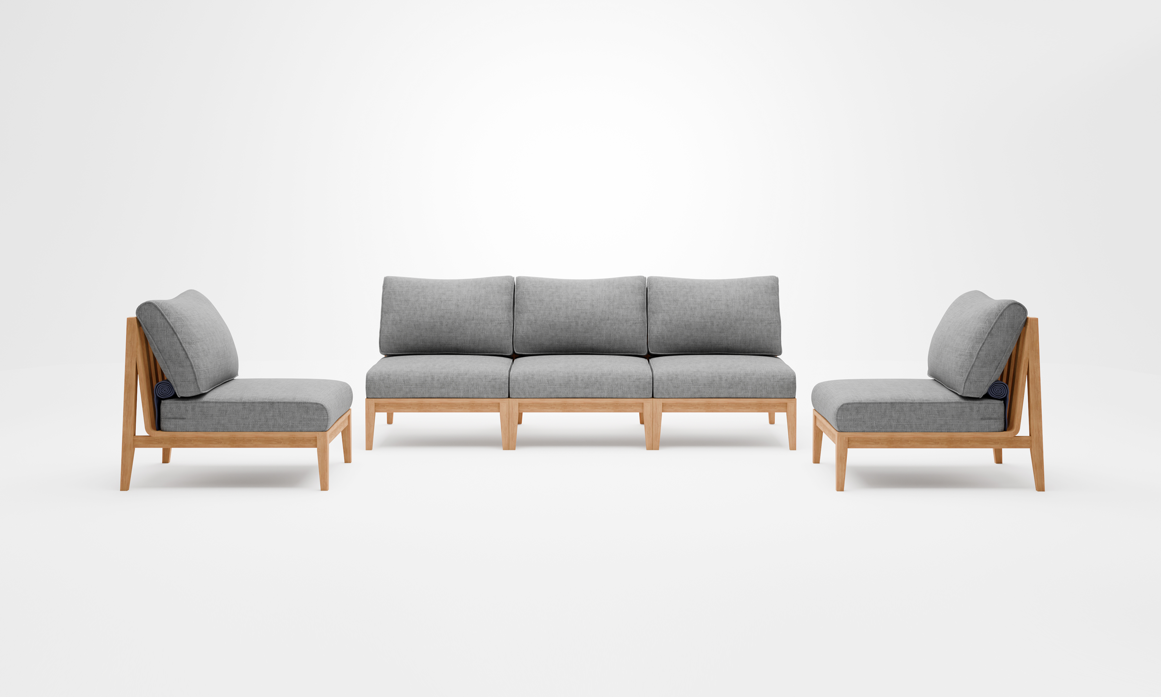 Teak outdoor sofa with armless chairs, featuring gray cushions and a five-seat design, set on a wooden deck.-teak outdoor sofa-outer #size_pacific fog gray