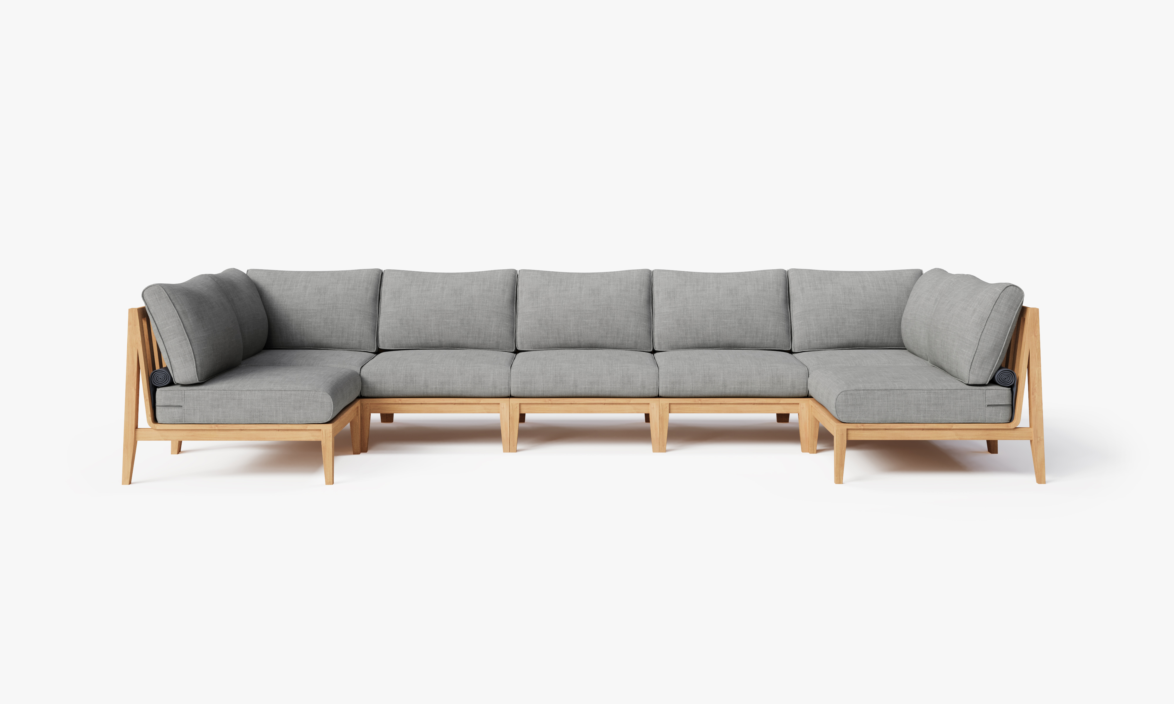 Teak outdoor U sectional sofa with 7 gray cushioned seats arranged in a spacious, modern design.-teak outdoor sofa-outer #color_pacific fog gray
