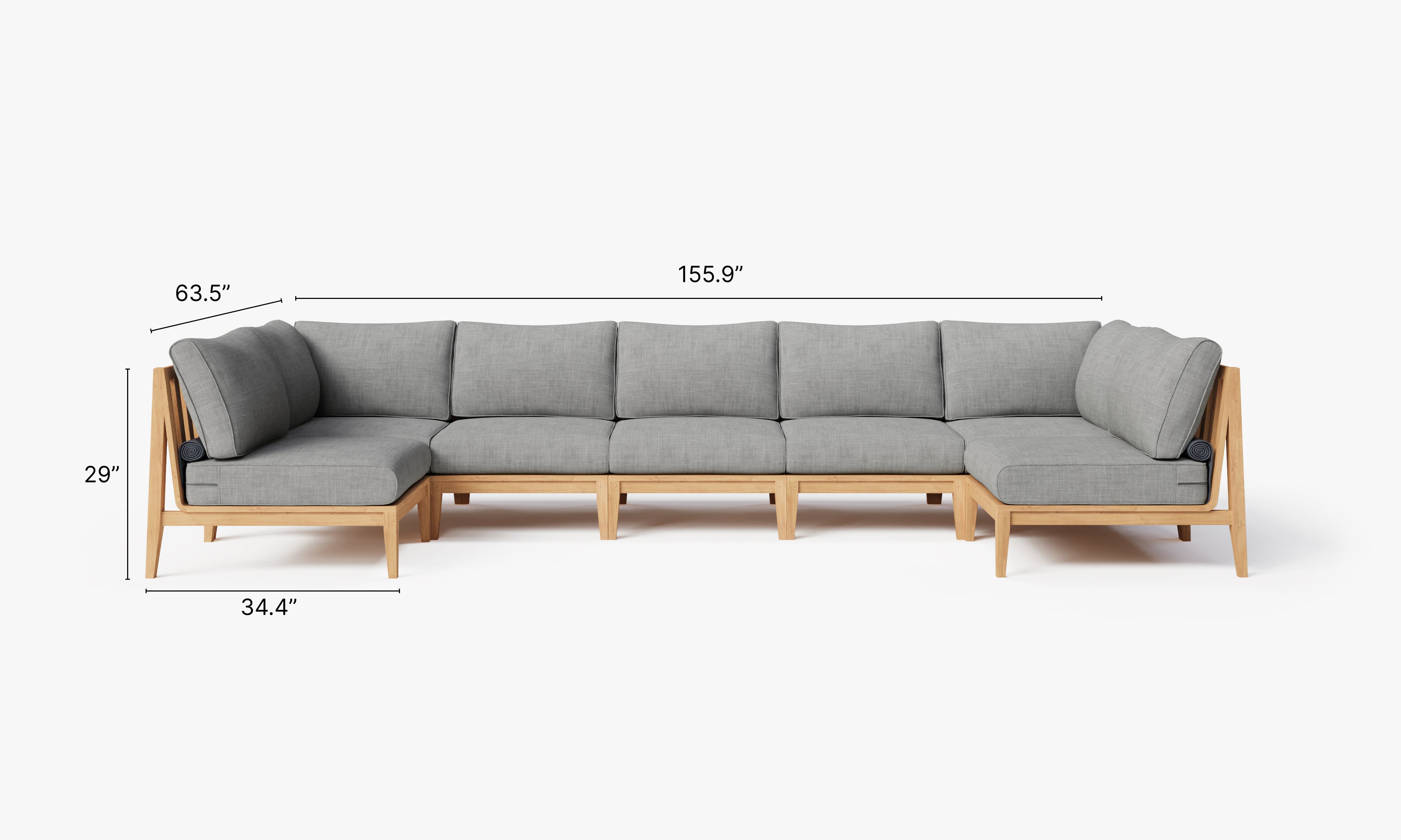 Teak outdoor U sectional sofa with 7 seats, featuring a modern design and gray cushions.-teak outdoor sofa-outer #color_pacific fog gray